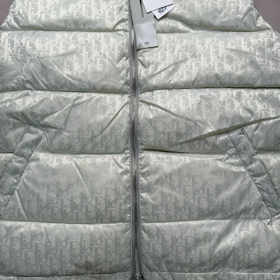 图片[5]-DIOR 23SS 迪奥新品满印暗纹老花立领羽绒服马甲 原24000购入 全衣面料采用原厂进口科技GORE-TEX提花面料 菱形印花图案设计间距及细节间距平行对位 并列的提花效果及手感非常还原 内里填充物采用国标级别90度 里料附层锦纶材质 蓬松度的白鹅绒混白鹅毛的材质 羽绒蓬感十足 保暖效果更佳 没有羽绒毛梗 利落的小立领搭配合肩线 肩前幅侧画增添了的双口袋设计 下摆设有抽绳可自由调节松紧、袖口带有松紧橡筋收口、门襟双开立领设计 镀银刻字五金配件搭配高品质欧牙双向拉链开合 拉头、鸡眼、内袋扣、暗扣、调节扣等依旧原版开模带Logo定制而成 尺码：46 48 50 52 54-选品中心