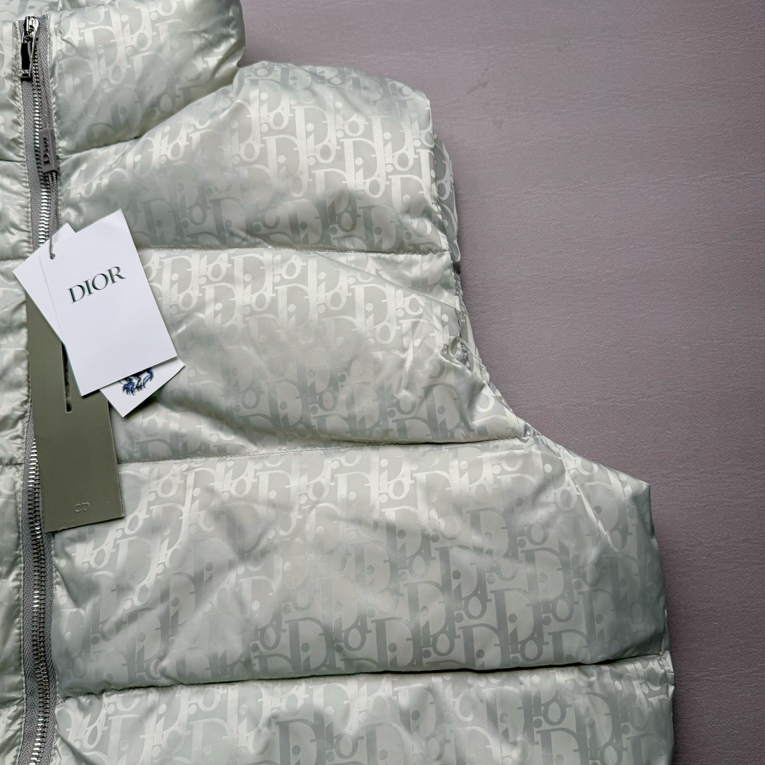 图片[7]-DIOR 23SS 迪奥新品满印暗纹老花立领羽绒服马甲 原24000购入 全衣面料采用原厂进口科技GORE-TEX提花面料 菱形印花图案设计间距及细节间距平行对位 并列的提花效果及手感非常还原 内里填充物采用国标级别90度 里料附层锦纶材质 蓬松度的白鹅绒混白鹅毛的材质 羽绒蓬感十足 保暖效果更佳 没有羽绒毛梗 利落的小立领搭配合肩线 肩前幅侧画增添了的双口袋设计 下摆设有抽绳可自由调节松紧、袖口带有松紧橡筋收口、门襟双开立领设计 镀银刻字五金配件搭配高品质欧牙双向拉链开合 拉头、鸡眼、内袋扣、暗扣、调节扣等依旧原版开模带Logo定制而成 尺码：46 48 50 52 54-选品中心
