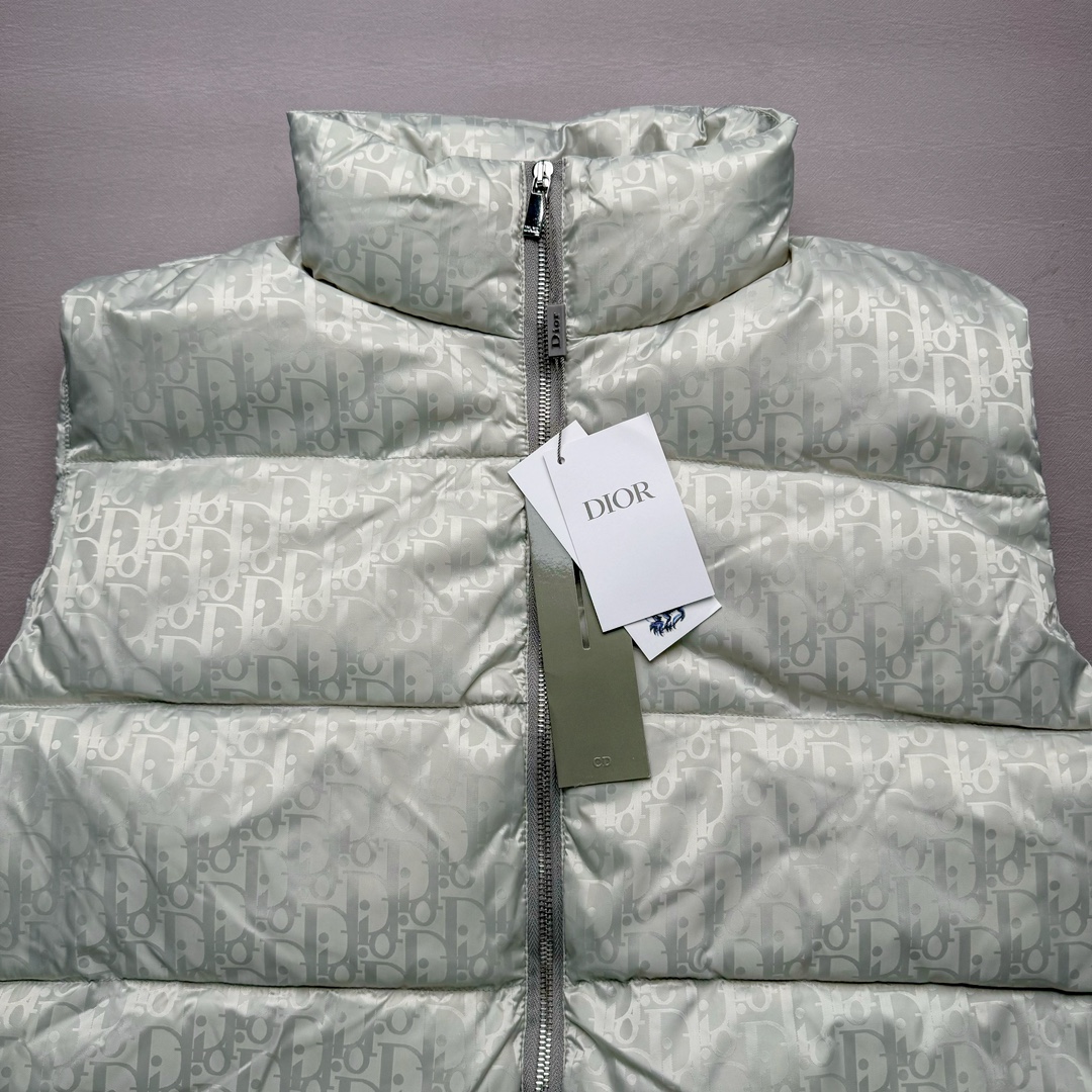 图片[4]-DIOR 23SS 迪奥新品满印暗纹老花立领羽绒服马甲 原24000购入 全衣面料采用原厂进口科技GORE-TEX提花面料 菱形印花图案设计间距及细节间距平行对位 并列的提花效果及手感非常还原 内里填充物采用国标级别90度 里料附层锦纶材质 蓬松度的白鹅绒混白鹅毛的材质 羽绒蓬感十足 保暖效果更佳 没有羽绒毛梗 利落的小立领搭配合肩线 肩前幅侧画增添了的双口袋设计 下摆设有抽绳可自由调节松紧、袖口带有松紧橡筋收口、门襟双开立领设计 镀银刻字五金配件搭配高品质欧牙双向拉链开合 拉头、鸡眼、内袋扣、暗扣、调节扣等依旧原版开模带Logo定制而成 尺码：46 48 50 52 54-选品中心