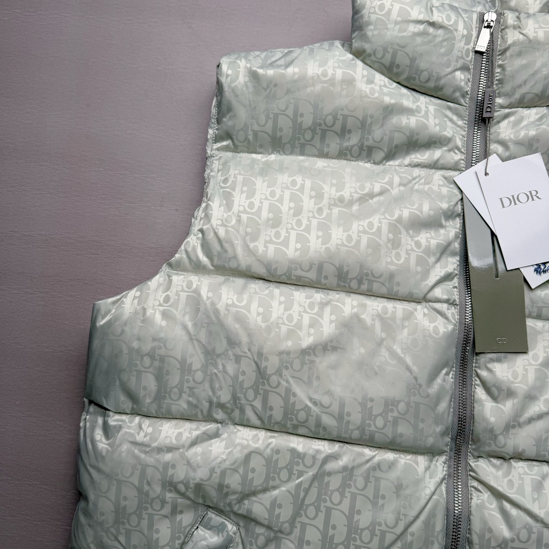 图片[8]-DIOR 23SS 迪奥新品满印暗纹老花立领羽绒服马甲 原24000购入 全衣面料采用原厂进口科技GORE-TEX提花面料 菱形印花图案设计间距及细节间距平行对位 并列的提花效果及手感非常还原 内里填充物采用国标级别90度 里料附层锦纶材质 蓬松度的白鹅绒混白鹅毛的材质 羽绒蓬感十足 保暖效果更佳 没有羽绒毛梗 利落的小立领搭配合肩线 肩前幅侧画增添了的双口袋设计 下摆设有抽绳可自由调节松紧、袖口带有松紧橡筋收口、门襟双开立领设计 镀银刻字五金配件搭配高品质欧牙双向拉链开合 拉头、鸡眼、内袋扣、暗扣、调节扣等依旧原版开模带Logo定制而成 尺码：46 48 50 52 54-选品中心