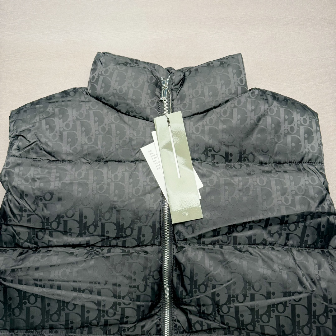 图片[3]-DIOR 23SS 迪奥新品满印暗纹老花立领羽绒服马甲 原24000购入 全衣面料采用原厂进口科技GORE-TEX提花面料 菱形印花图案设计间距及细节间距平行对位 并列的提花效果及手感非常还原 内里填充物采用国标级别90度 里料附层锦纶材质 蓬松度的白鹅绒混白鹅毛的材质 羽绒蓬感十足 保暖效果更佳 没有羽绒毛梗 利落的小立领搭配合肩线 肩前幅侧画增添了的双口袋设计 下摆设有抽绳可自由调节松紧、袖口带有松紧橡筋收口、门襟双开立领设计 镀银刻字五金配件搭配高品质欧牙双向拉链开合 拉头、鸡眼、内袋扣、暗扣、调节扣等依旧原版开模带Logo定制而成 尺码：46 48 50 52 54-选品中心