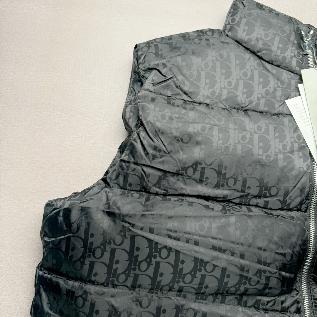 图片[7]-DIOR 23SS 迪奥新品满印暗纹老花立领羽绒服马甲 原24000购入 全衣面料采用原厂进口科技GORE-TEX提花面料 菱形印花图案设计间距及细节间距平行对位 并列的提花效果及手感非常还原 内里填充物采用国标级别90度 里料附层锦纶材质 蓬松度的白鹅绒混白鹅毛的材质 羽绒蓬感十足 保暖效果更佳 没有羽绒毛梗 利落的小立领搭配合肩线 肩前幅侧画增添了的双口袋设计 下摆设有抽绳可自由调节松紧、袖口带有松紧橡筋收口、门襟双开立领设计 镀银刻字五金配件搭配高品质欧牙双向拉链开合 拉头、鸡眼、内袋扣、暗扣、调节扣等依旧原版开模带Logo定制而成 尺码：46 48 50 52 54-选品中心