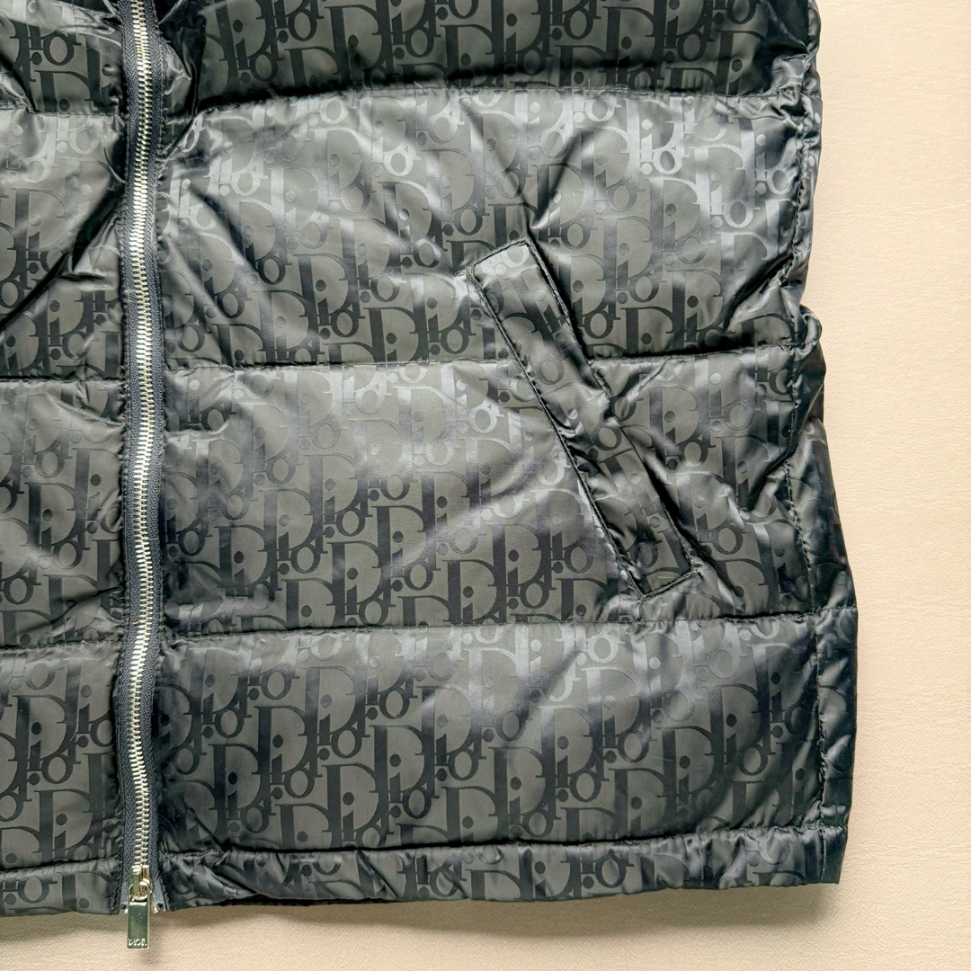 图片[5]-DIOR 23SS 迪奥新品满印暗纹老花立领羽绒服马甲 原24000购入 全衣面料采用原厂进口科技GORE-TEX提花面料 菱形印花图案设计间距及细节间距平行对位 并列的提花效果及手感非常还原 内里填充物采用国标级别90度 里料附层锦纶材质 蓬松度的白鹅绒混白鹅毛的材质 羽绒蓬感十足 保暖效果更佳 没有羽绒毛梗 利落的小立领搭配合肩线 肩前幅侧画增添了的双口袋设计 下摆设有抽绳可自由调节松紧、袖口带有松紧橡筋收口、门襟双开立领设计 镀银刻字五金配件搭配高品质欧牙双向拉链开合 拉头、鸡眼、内袋扣、暗扣、调节扣等依旧原版开模带Logo定制而成 尺码：46 48 50 52 54-选品中心