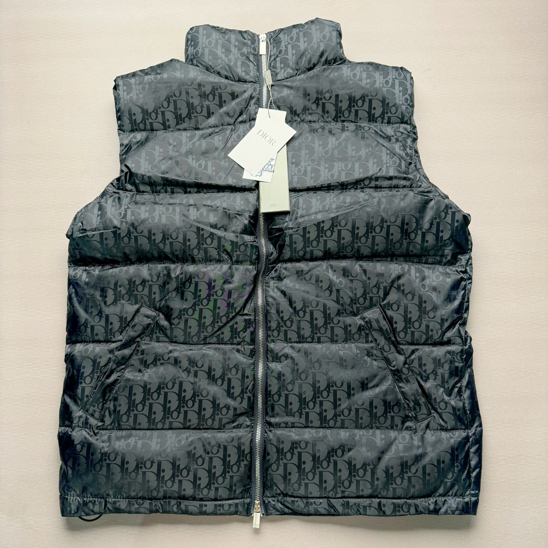 DIOR 23SS 迪奥新品满印暗纹老花立领羽绒服马甲 原24000购入 全衣面料采用原厂进口科技GORE-TEX提花面料 菱形印花图案设计间距及细节间距平行对位 并列的提花效果及手感非常还原 内里填充物采用国标级别90度 里料附层锦纶材质 蓬松度的白鹅绒混白鹅毛的材质 羽绒蓬感十足 保暖效果更佳 没有羽绒毛梗 利落的小立领搭配合肩线 肩前幅侧画增添了的双口袋设计 下摆设有抽绳可自由调节松紧、袖口带有松紧橡筋收口、门襟双开立领设计 镀银刻字五金配件搭配高品质欧牙双向拉链开合 拉头、鸡眼、内袋扣、暗扣、调节扣等依旧原版开模带Logo定制而成 尺码：46 48 50 52 54-选品中心
