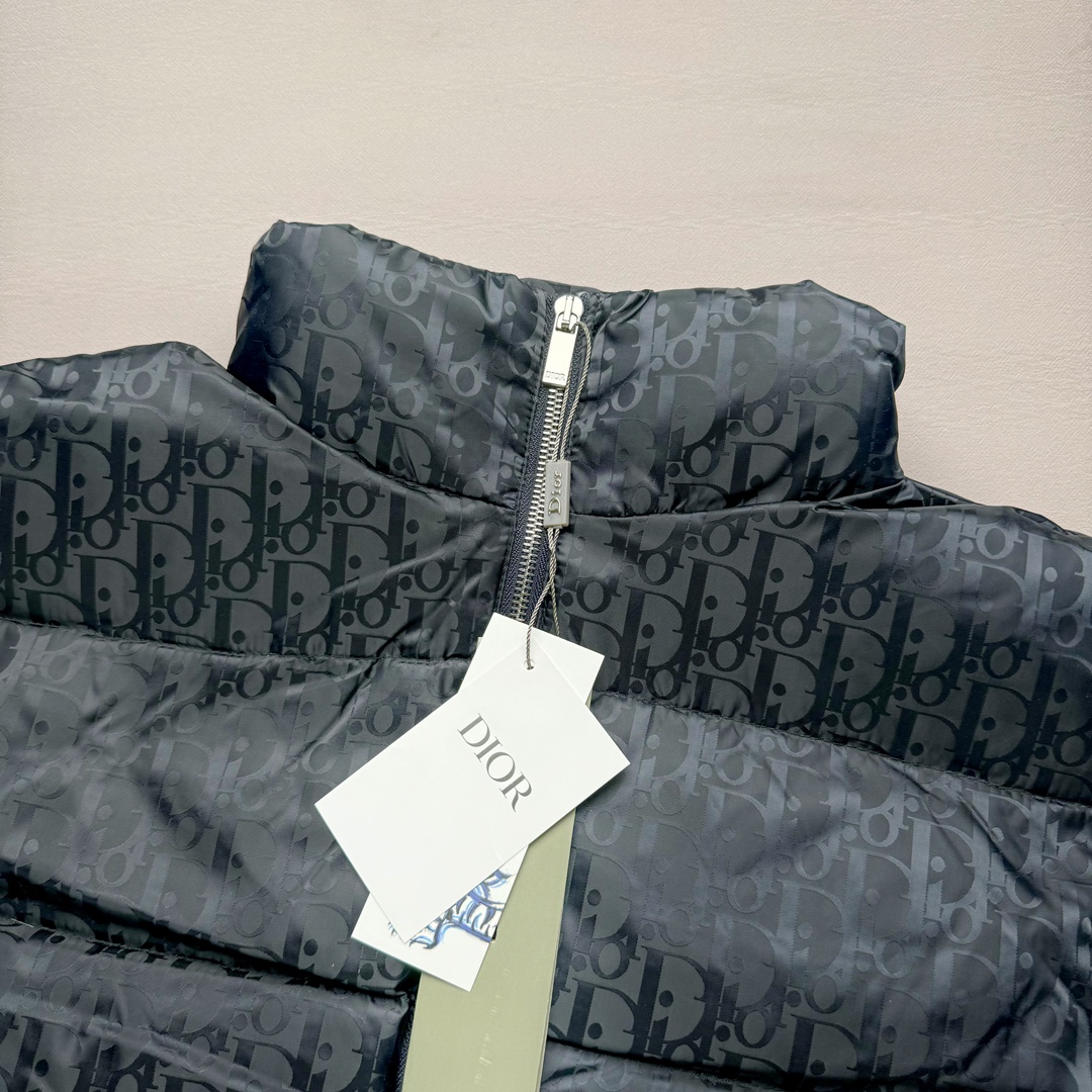 图片[7]-DIOR 23SS 迪奥新品满印暗纹老花立领羽绒服马甲 原24000购入 全衣面料采用原厂进口科技GORE-TEX提花面料 菱形印花图案设计间距及细节间距平行对位 并列的提花效果及手感非常还原 内里填充物采用国标级别90度 里料附层锦纶材质 蓬松度的白鹅绒混白鹅毛的材质 羽绒蓬感十足 保暖效果更佳 没有羽绒毛梗 利落的小立领搭配合肩线 肩前幅侧画增添了的双口袋设计 下摆设有抽绳可自由调节松紧、袖口带有松紧橡筋收口、门襟双开立领设计 镀银刻字五金配件搭配高品质欧牙双向拉链开合 拉头、鸡眼、内袋扣、暗扣、调节扣等依旧原版开模带Logo定制而成 尺码：46 48 50 52 54-选品中心