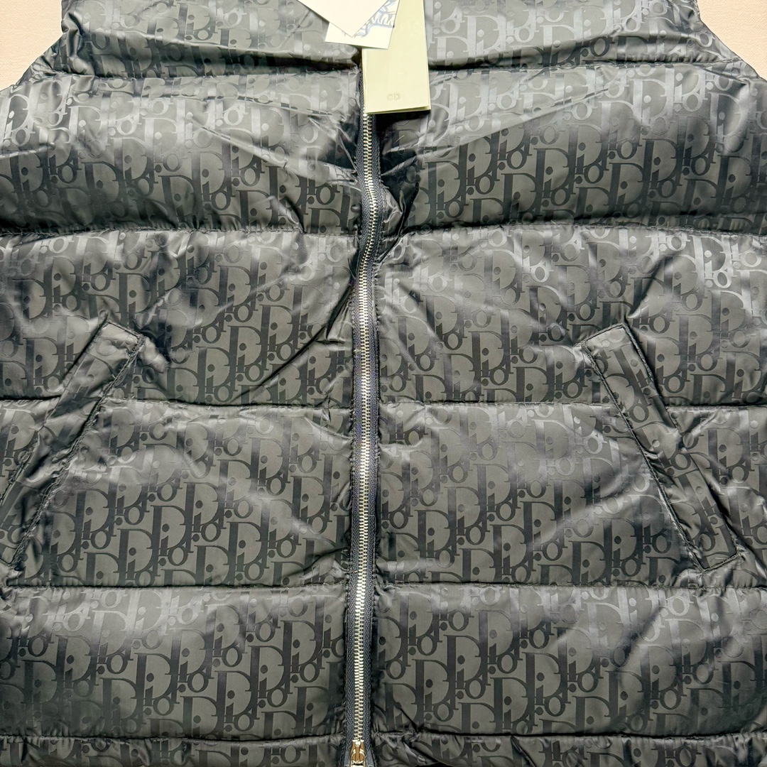 图片[3]-DIOR 23SS 迪奥新品满印暗纹老花立领羽绒服马甲 原24000购入 全衣面料采用原厂进口科技GORE-TEX提花面料 菱形印花图案设计间距及细节间距平行对位 并列的提花效果及手感非常还原 内里填充物采用国标级别90度 里料附层锦纶材质 蓬松度的白鹅绒混白鹅毛的材质 羽绒蓬感十足 保暖效果更佳 没有羽绒毛梗 利落的小立领搭配合肩线 肩前幅侧画增添了的双口袋设计 下摆设有抽绳可自由调节松紧、袖口带有松紧橡筋收口、门襟双开立领设计 镀银刻字五金配件搭配高品质欧牙双向拉链开合 拉头、鸡眼、内袋扣、暗扣、调节扣等依旧原版开模带Logo定制而成 尺码：46 48 50 52 54-选品中心