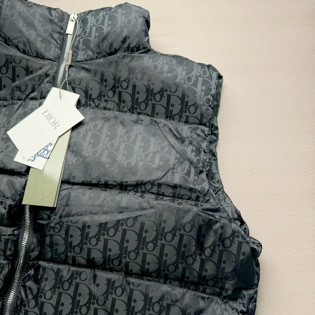 图片[6]-DIOR 23SS 迪奥新品满印暗纹老花立领羽绒服马甲 原24000购入 全衣面料采用原厂进口科技GORE-TEX提花面料 菱形印花图案设计间距及细节间距平行对位 并列的提花效果及手感非常还原 内里填充物采用国标级别90度 里料附层锦纶材质 蓬松度的白鹅绒混白鹅毛的材质 羽绒蓬感十足 保暖效果更佳 没有羽绒毛梗 利落的小立领搭配合肩线 肩前幅侧画增添了的双口袋设计 下摆设有抽绳可自由调节松紧、袖口带有松紧橡筋收口、门襟双开立领设计 镀银刻字五金配件搭配高品质欧牙双向拉链开合 拉头、鸡眼、内袋扣、暗扣、调节扣等依旧原版开模带Logo定制而成 尺码：46 48 50 52 54-选品中心