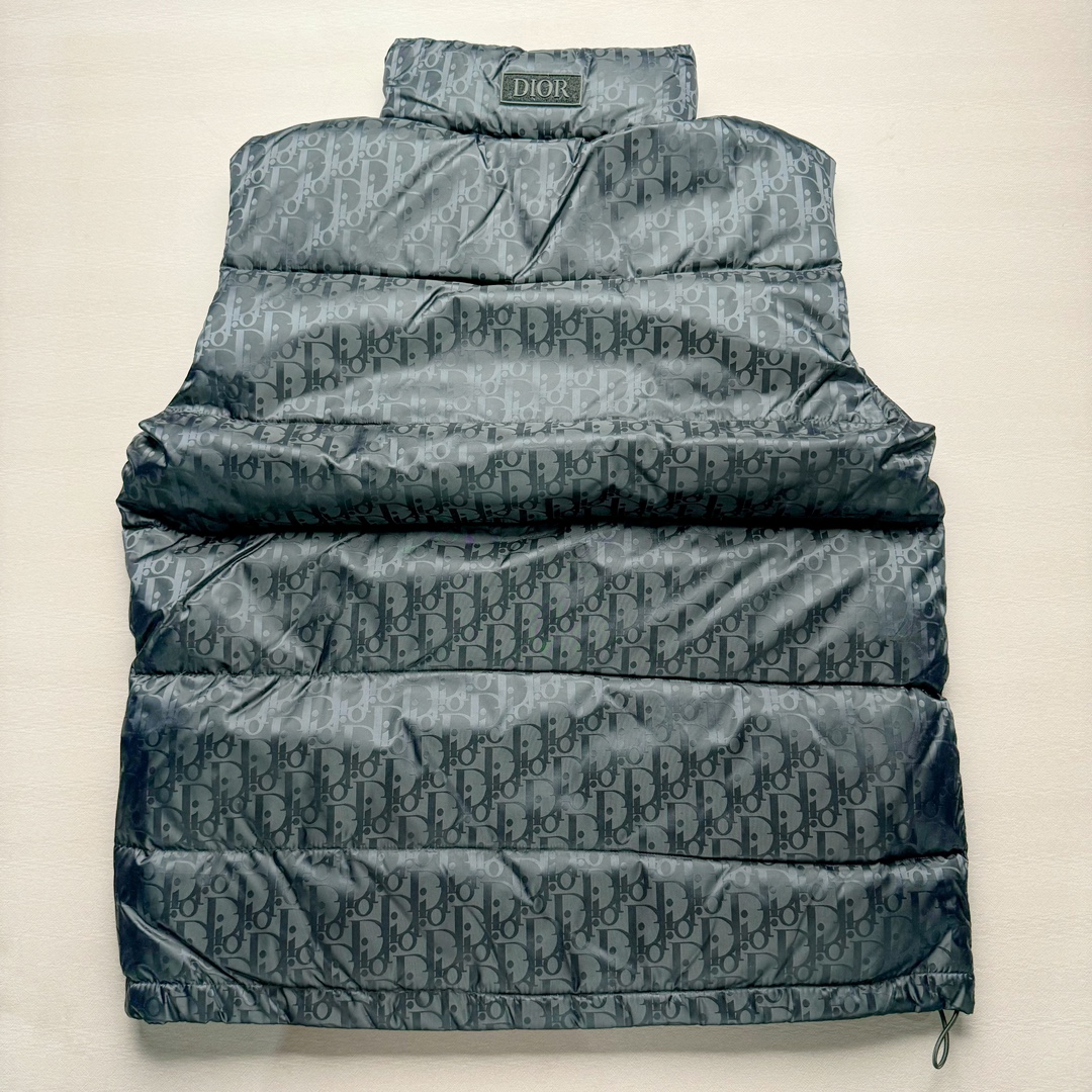 图片[2]-DIOR 23SS 迪奥新品满印暗纹老花立领羽绒服马甲 原24000购入 全衣面料采用原厂进口科技GORE-TEX提花面料 菱形印花图案设计间距及细节间距平行对位 并列的提花效果及手感非常还原 内里填充物采用国标级别90度 里料附层锦纶材质 蓬松度的白鹅绒混白鹅毛的材质 羽绒蓬感十足 保暖效果更佳 没有羽绒毛梗 利落的小立领搭配合肩线 肩前幅侧画增添了的双口袋设计 下摆设有抽绳可自由调节松紧、袖口带有松紧橡筋收口、门襟双开立领设计 镀银刻字五金配件搭配高品质欧牙双向拉链开合 拉头、鸡眼、内袋扣、暗扣、调节扣等依旧原版开模带Logo定制而成 尺码：46 48 50 52 54-选品中心