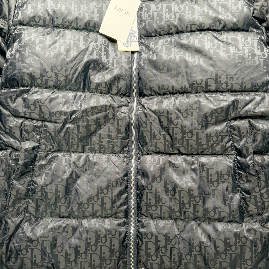 图片[5]-DIOR 23SS 迪奥新品满印暗纹老花立领羽绒服夹克 原24000购入 全衣面料采用原厂进口科技GORE-TEX提花面料 菱形印花图案设计间距及细节间距平行对位 并列的提花效果及手感非常还原 内里填充物采用国标级别90度 里料附层锦纶材质 蓬松度的白鹅绒混白鹅毛的材质 羽绒蓬感十足 保暖效果更佳 没有羽绒毛梗 利落的小立领搭配合肩线 肩前幅侧画增添了的双口袋设计 下摆设有抽绳可自由调节松紧、袖口带有松紧橡筋收口、门襟双开立领设计 镀银刻字五金配件搭配高品质欧牙双向拉链开合 拉头、鸡眼、内袋扣、暗扣、调节扣等依旧原版开模带Logo定制而成 尺码：46 48 50 52 54-选品中心