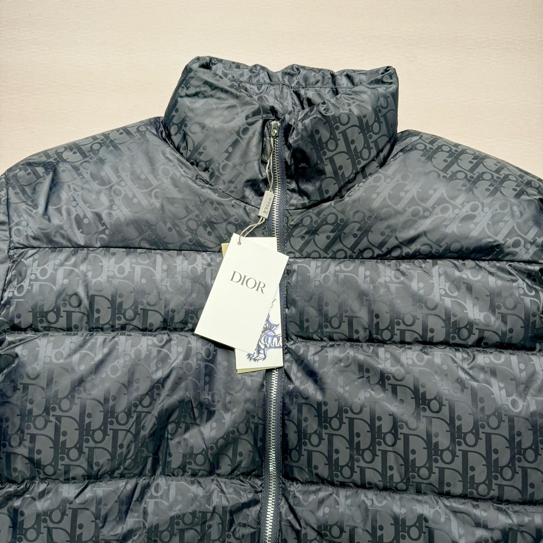 图片[3]-DIOR 23SS 迪奥新品满印暗纹老花立领羽绒服夹克 原24000购入 全衣面料采用原厂进口科技GORE-TEX提花面料 菱形印花图案设计间距及细节间距平行对位 并列的提花效果及手感非常还原 内里填充物采用国标级别90度 里料附层锦纶材质 蓬松度的白鹅绒混白鹅毛的材质 羽绒蓬感十足 保暖效果更佳 没有羽绒毛梗 利落的小立领搭配合肩线 肩前幅侧画增添了的双口袋设计 下摆设有抽绳可自由调节松紧、袖口带有松紧橡筋收口、门襟双开立领设计 镀银刻字五金配件搭配高品质欧牙双向拉链开合 拉头、鸡眼、内袋扣、暗扣、调节扣等依旧原版开模带Logo定制而成 尺码：46 48 50 52 54-选品中心