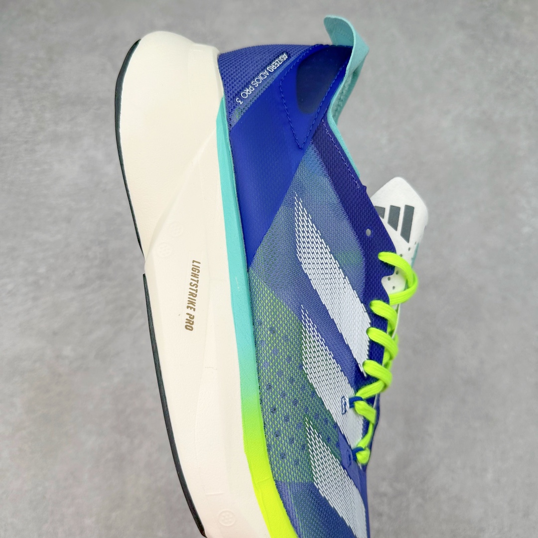 图片[6]-AD Adizero Adios Pro 3 马拉松竞速专业跑鞋 ID3635 CELERMESH针织网面非常轻薄 纤维间的缝隙很大 可以保证跑步时的透气、排汗效果 鞋舌直接与两侧的内衬和鞋底连接在一起 在跑步过程中不会被鞋舌的左右移动所困扰 在标准鞋带孔的基础上再拓宽一组鞋带孔 适合不同脚型的需求 突破性 EnergyRods 技术，有助于跑者实现更好的成绩 中底独特的LIGHTSTRIKE PRO泡棉材质 微弹感觉在跑步过程中给予了良好的支撑体验 对于顶级精英和高水平进阶跑者来说 ADIOS PRO是一双值得信赖的竞速比赛用鞋 尺码：36 36.5 37.5 38 38.5 39 40 40.5 41 42 42.5 43 44 44.5 45-选品中心