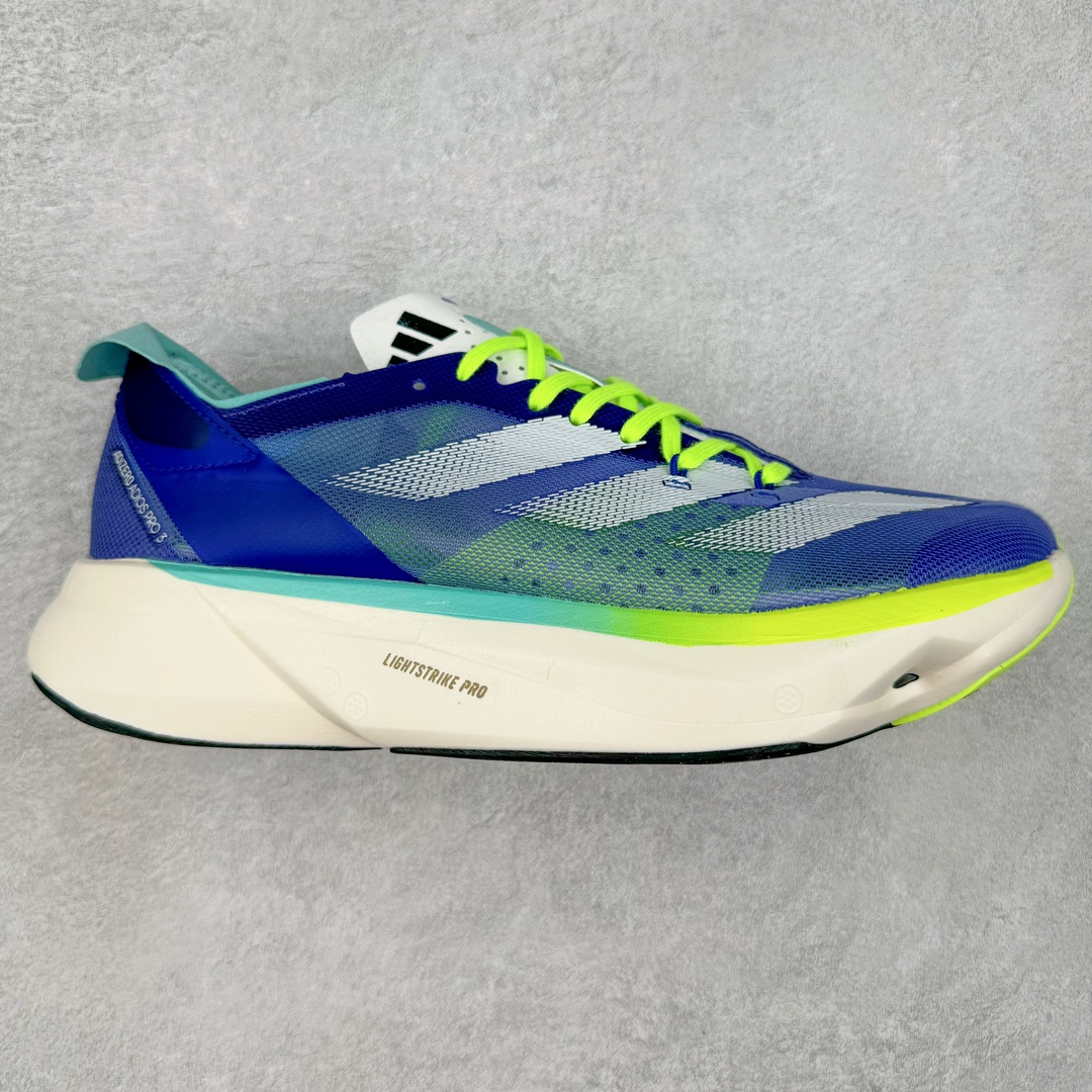 AD Adizero Adios Pro 3 马拉松竞速专业跑鞋 ID3635 CELERMESH针织网面非常轻薄 纤维间的缝隙很大 可以保证跑步时的透气、排汗效果 鞋舌直接与两侧的内衬和鞋底连接在一起 在跑步过程中不会被鞋舌的左右移动所困扰 在标准鞋带孔的基础上再拓宽一组鞋带孔 适合不同脚型的需求 突破性 EnergyRods 技术，有助于跑者实现更好的成绩 中底独特的LIGHTSTRIKE PRO泡棉材质 微弹感觉在跑步过程中给予了良好的支撑体验 对于顶级精英和高水平进阶跑者来说 ADIOS PRO是一双值得信赖的竞速比赛用鞋 尺码：36 36.5 37.5 38 38.5 39 40 40.5 41 42 42.5 43 44 44.5 45-选品中心