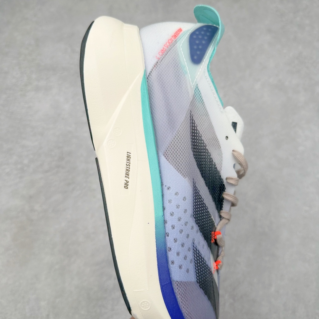 图片[6]-AD Adizero Adios Pro 3 马拉松竞速专业跑鞋 IE6237 CELERMESH针织网面非常轻薄 纤维间的缝隙很大 可以保证跑步时的透气、排汗效果 鞋舌直接与两侧的内衬和鞋底连接在一起 在跑步过程中不会被鞋舌的左右移动所困扰 在标准鞋带孔的基础上再拓宽一组鞋带孔 适合不同脚型的需求 突破性 EnergyRods 技术，有助于跑者实现更好的成绩 中底独特的LIGHTSTRIKE PRO泡棉材质 微弹感觉在跑步过程中给予了良好的支撑体验 对于顶级精英和高水平进阶跑者来说 ADIOS PRO是一双值得信赖的竞速比赛用鞋 尺码：36 36.5 37.5 38 38.5 39 40 40.5 41 42 42.5 43 44 44.5 45-选品中心