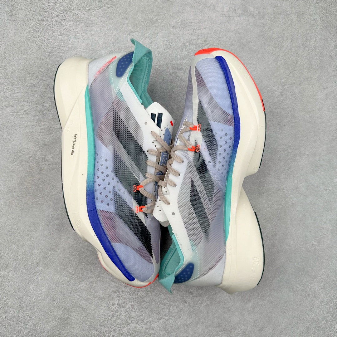 图片[3]-AD Adizero Adios Pro 3 马拉松竞速专业跑鞋 IE6237 CELERMESH针织网面非常轻薄 纤维间的缝隙很大 可以保证跑步时的透气、排汗效果 鞋舌直接与两侧的内衬和鞋底连接在一起 在跑步过程中不会被鞋舌的左右移动所困扰 在标准鞋带孔的基础上再拓宽一组鞋带孔 适合不同脚型的需求 突破性 EnergyRods 技术，有助于跑者实现更好的成绩 中底独特的LIGHTSTRIKE PRO泡棉材质 微弹感觉在跑步过程中给予了良好的支撑体验 对于顶级精英和高水平进阶跑者来说 ADIOS PRO是一双值得信赖的竞速比赛用鞋 尺码：36 36.5 37.5 38 38.5 39 40 40.5 41 42 42.5 43 44 44.5 45-选品中心