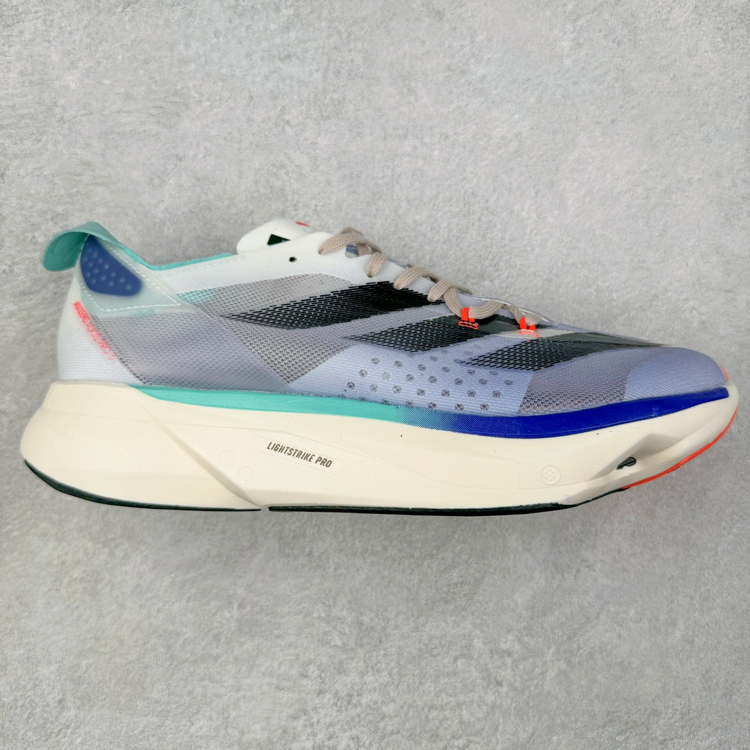 AD Adizero Adios Pro 3 马拉松竞速专业跑鞋 IE6237 CELERMESH针织网面非常轻薄 纤维间的缝隙很大 可以保证跑步时的透气、排汗效果 鞋舌直接与两侧的内衬和鞋底连接在一起 在跑步过程中不会被鞋舌的左右移动所困扰 在标准鞋带孔的基础上再拓宽一组鞋带孔 适合不同脚型的需求 突破性 EnergyRods 技术，有助于跑者实现更好的成绩 中底独特的LIGHTSTRIKE PRO泡棉材质 微弹感觉在跑步过程中给予了良好的支撑体验 对于顶级精英和高水平进阶跑者来说 ADIOS PRO是一双值得信赖的竞速比赛用鞋 尺码：36 36.5 37.5 38 38.5 39 40 40.5 41 42 42.5 43 44 44.5 45-选品中心