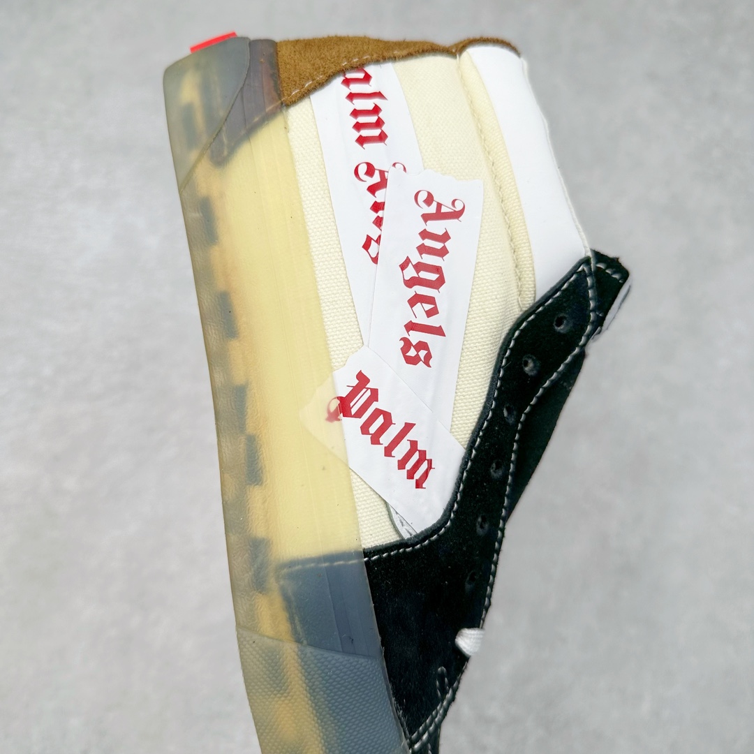 图片[6]-Palm Angels x Vans Sk8-Mid 联名 整体黑白红色系搭配后跟大面积咖啡色麂皮与脚背处黑色麂皮相呼应 做旧的轻微黄大底复古感直接拉满 Palm Angels经典的胶布logo以烫印的形式出现在鞋面 彰显了品牌的身份也使整体线条更丰富 货号：VN0A7TNH78C 尺码：35 36 36.5 37 38 38.5 39 40 40.5 41 42 42.5 43 44-选品中心