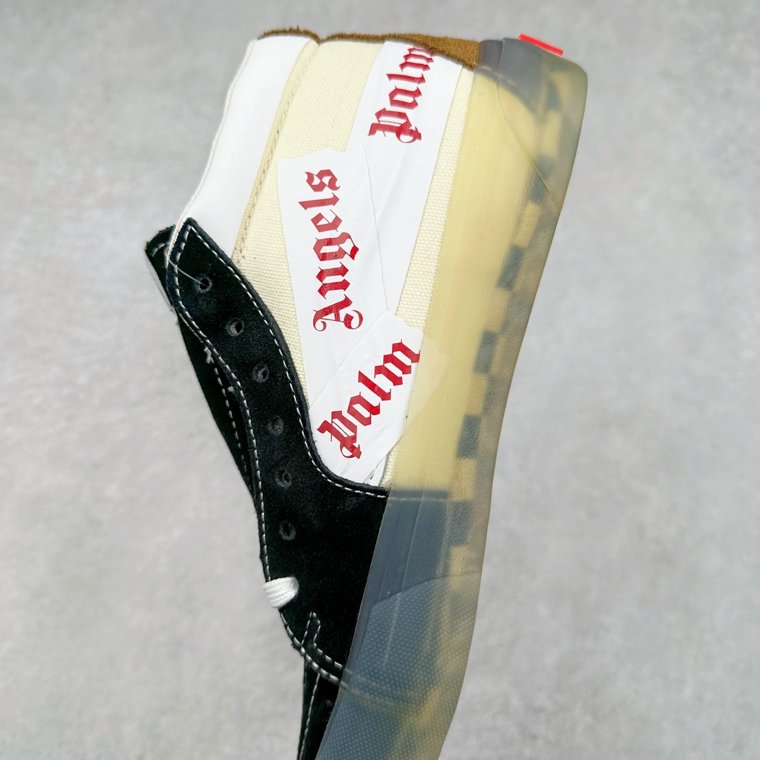 图片[7]-Palm Angels x Vans Sk8-Mid 联名 整体黑白红色系搭配后跟大面积咖啡色麂皮与脚背处黑色麂皮相呼应 做旧的轻微黄大底复古感直接拉满 Palm Angels经典的胶布logo以烫印的形式出现在鞋面 彰显了品牌的身份也使整体线条更丰富 货号：VN0A7TNH78C 尺码：35 36 36.5 37 38 38.5 39 40 40.5 41 42 42.5 43 44-选品中心