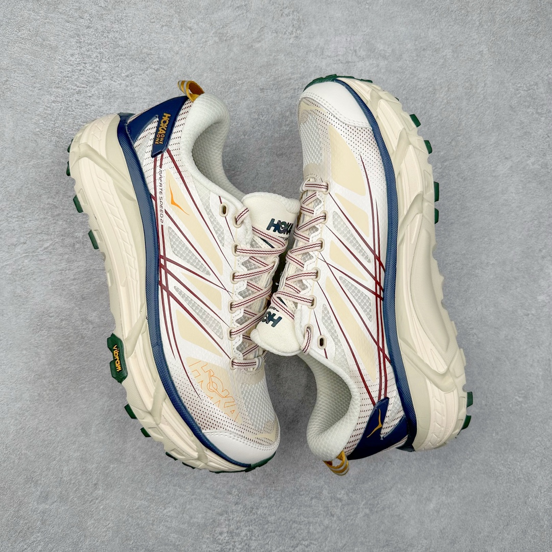 图片[2]-HOKA ONE ONE Mafate Speed 2 Low 玛法特2代系列低帮轻量户外越野休闲运动慢跑鞋 HOKA ONE ONE 最近推出了一个胶囊系列 Origin Story 这个系列里的 Mafate Speed 2 可以说让我日思夜想有一阵子了 最近终于拔草 让我来分享一下这双也是上脚赞到爆的越野跑鞋吧 以阿尔卑斯山脉作为主题将亮黄色与蓝色调覆盖在这经典轮廓之上 配色的呈现效果相当亮眼 以至于很多人买这个配色是用来日常搭配的 鞋面采用超轻的无缝架构 轻薄的TPU贴在透气的鞋面材料上 减轻重量同时也保证了支撑性 鞋底则采用滚动平衡技术 引导跑者回归自然步态 祖传的神奇EVA材质中底依旧是一如既往地表现优秀 能提供充足的缓震 作为HOKA家的越野跑鞋 VIBRAM 橡胶大底也是必不可少的 即便在复杂湿滑的地形 依旧能有良好的抓地力及稳定性 鞋带采用了弹性不易松脱的扁宽弹性鞋带 前掌与中掌部分也进行了加宽 也更加适合亚洲人的脚型 是一款十分全面且足够强悍的户外硬核越野鞋 而这双极其亮眼的越野跑鞋恰好又是在江山一百中参赛的UTMB冠军 Ludovic POMMERET 夺冠时穿着的战靴 这就让它变得更加有吸引力了 用来日常搭配的话短裤是基本不挑 长裤我个人推荐阔腿裤 工装裤以及各种长筒牛仔裤都可以 尺码：36 36.5 37.5 38 38.5 39 40 40.5 41 42 42.5 43 44 44.5 45-选品中心