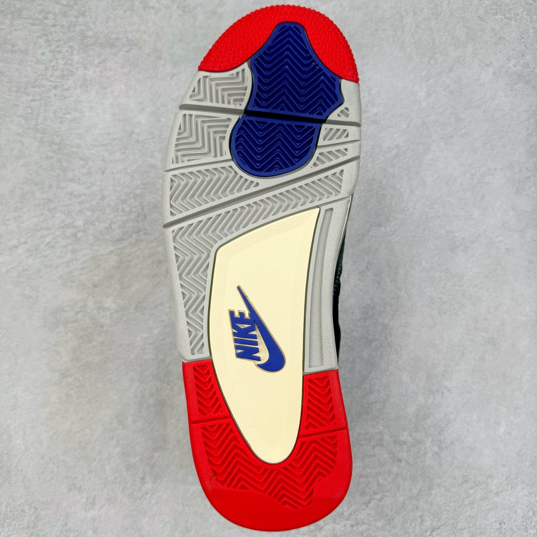 图片[9]-＃KZ神版 Air Jordan AJ4 Rare Air Laser 黑蓝红 FV5029-003 独家外贸特供尺码含 45.5 49.5 50.5 国内外口碑最好最推荐的产品 市场中端王者 亲自操刀耗时半年巨作 全套原纸板楦头开发 确保原汁原味 完美呈现四代版型 一比一鞋头弧度高度鞋身弧度 此版本只针对中端市场 皮料材质有所更替 其他数据细节工艺流程均保持一致 绝不口嗨 细节品控鞋型随意秒杀市面3XX 4XX 原厂TPU网格鞋带扣 正确内里网布 菱角分明不变形无多余毛边 柔软性质感一致于原鞋 市场唯一原厂鞋扣模具 背面可见隐藏注塑口 原厂织唛标 原厂飞人电绣工艺 尾指中部跳三针 独家绑鞋带手法 印刷中底布 四线拉帮 米色美纹纸贴合固定 进口港宝加持 后跟自然饱满 全鞋荧光划线卡点 追求极致完美 每一双都是工艺品 多重QC质检 超越公司货的品控标准 实实在在的免检产品 尺码：40 40.5 41 42 42.5 43 44 44.5 45 45.5 46 47.5 48.5 49.5 50.5-选品中心