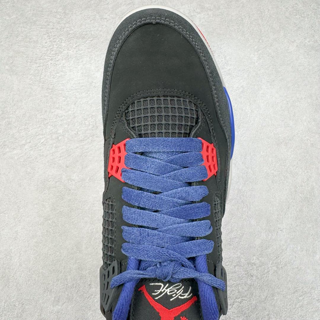 图片[4]-＃KZ神版 Air Jordan AJ4 Rare Air Laser 黑蓝红 FV5029-003 独家外贸特供尺码含 45.5 49.5 50.5 国内外口碑最好最推荐的产品 市场中端王者 亲自操刀耗时半年巨作 全套原纸板楦头开发 确保原汁原味 完美呈现四代版型 一比一鞋头弧度高度鞋身弧度 此版本只针对中端市场 皮料材质有所更替 其他数据细节工艺流程均保持一致 绝不口嗨 细节品控鞋型随意秒杀市面3XX 4XX 原厂TPU网格鞋带扣 正确内里网布 菱角分明不变形无多余毛边 柔软性质感一致于原鞋 市场唯一原厂鞋扣模具 背面可见隐藏注塑口 原厂织唛标 原厂飞人电绣工艺 尾指中部跳三针 独家绑鞋带手法 印刷中底布 四线拉帮 米色美纹纸贴合固定 进口港宝加持 后跟自然饱满 全鞋荧光划线卡点 追求极致完美 每一双都是工艺品 多重QC质检 超越公司货的品控标准 实实在在的免检产品 尺码：40 40.5 41 42 42.5 43 44 44.5 45 45.5 46 47.5 48.5 49.5 50.5-选品中心