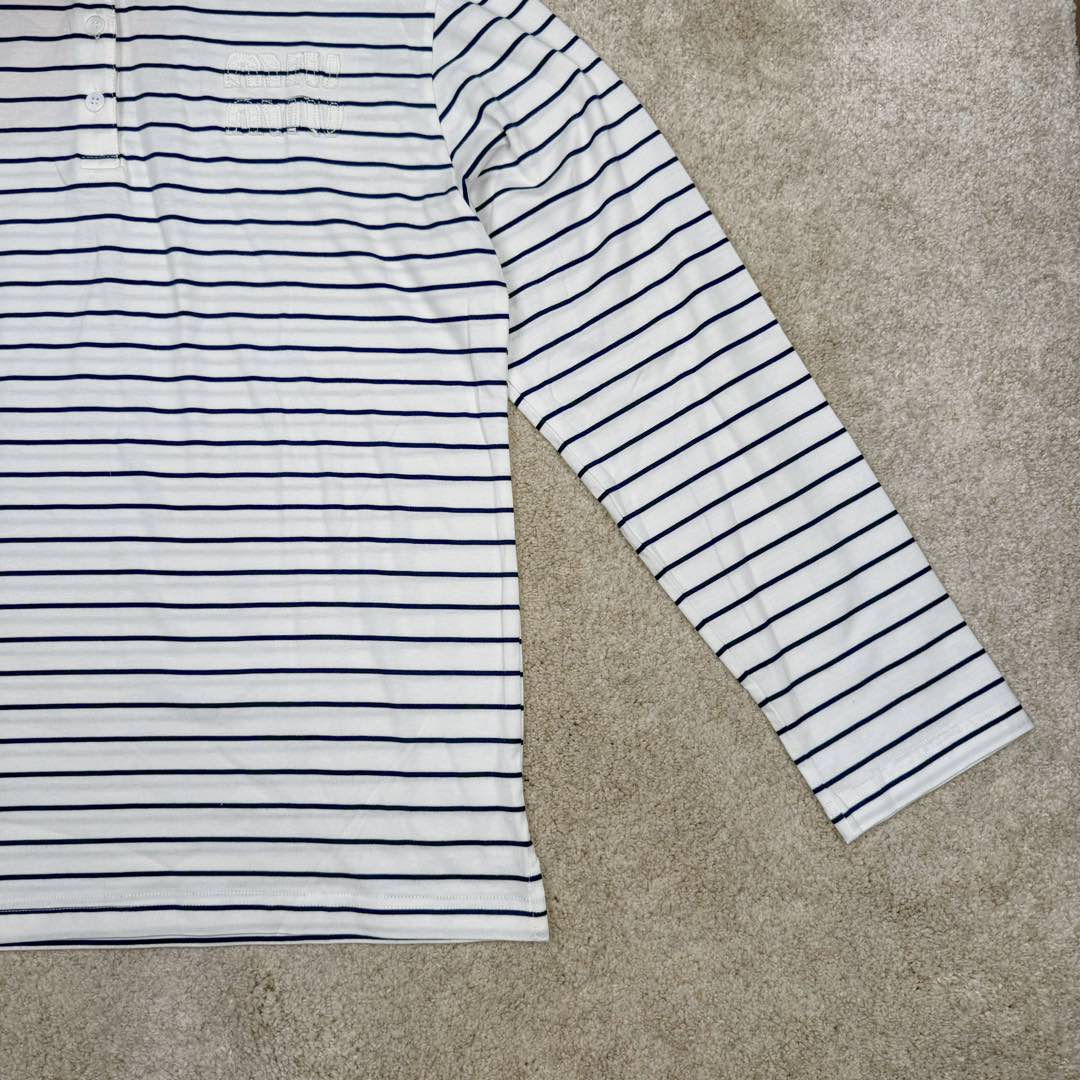 图片[7]-＃GD广顶 MiuMiu 缪缪100支超细腻条纹polo长袖 面料采用定制100支超细腻双纱纯棉面料，质感非常好，市场货全部都是32支现货代替，这件衣服正反面全部对条纹非常费面料！胸口上的字母条纹和底部的条纹必须对上（市场版本工艺对不上直接字母用的白色的，穿出去一眼假）领子定制横机螺纹，纽扣天然贝母扣！三标吊牌全部同步专柜（吊牌附送说明书且颜色正确，市场吊牌偏粉，正品吊牌颜色饱和度更低 尺码：S M L XL-选品中心