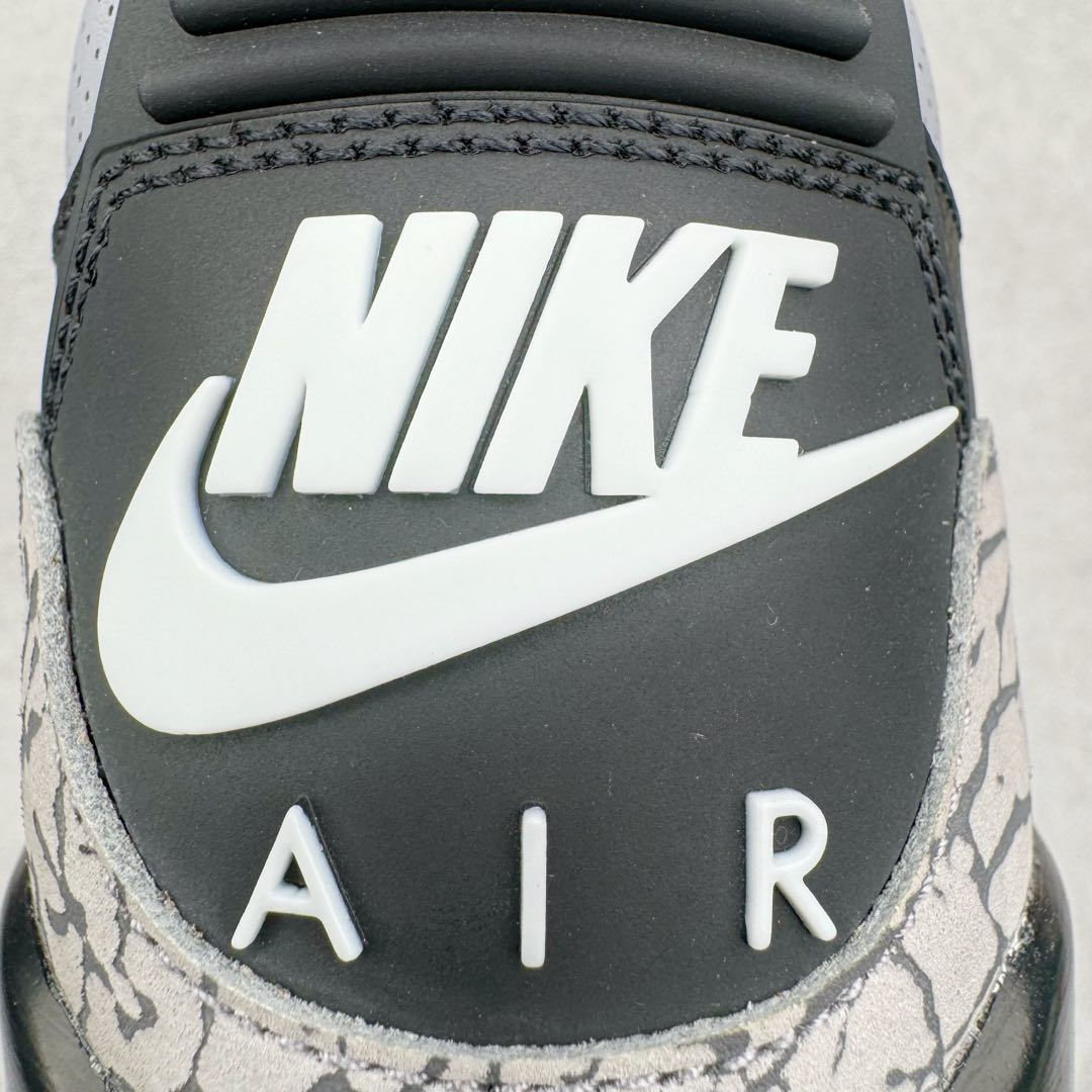 图片[19]-＃Lw纯原 Air Jordan AJ3 Retro 复刻黑水泥 DN3707-010 圈内最强三代系列 匠心打造 开发时长超过半年 目前可过各类鉴定或无法鉴定 裸鞋随便操作 全套原纸板楦头开发 原厂大底磨具加持立体防滑纹理 原装可视Air Sole气垫 原汁原味最完美的三代版型 唯一正确鞋头趴度弧度高度鞋身腰线 原厂TPU彩虹扎染后跟饰片 正确内里反口里网布 皮料菱角分明不变形无多余毛边 广东原厂zp同批次手工大底描漆拉丝 市场唯一原厂鞋扣模具 原厂织唛标 原厂飞人电绣工艺 尾指中部跳三针 独家绑鞋带手法 印刷中底布 四线拉帮 米色美纹纸贴合固定 进口港宝加持 后跟自然饱满 全鞋荧光划线卡点 追求极致完美 每一双都是工艺品 多重QC质检 超越公司货的品控标准 实实在在的免检产品 尺码：36 36.5 37.5 38 38.5 39 40 40.5 41 42 42.5 43 44 44.5 45 45.5 46 47.5 48.5-选品中心