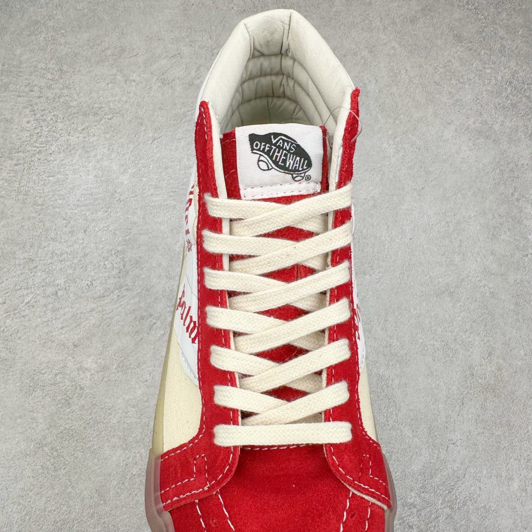 图片[5]-Palm Angels x Vans Sk8-Mid 联名 整体红白色系搭配后跟咖啡色麂皮与脚背处红色麂皮相呼应 做旧的轻微黄大底复古感直接拉满 Palm Angels经典的胶布logo以烫印的形式出现在鞋面 彰显了品牌的身份也使整体线条更丰富 货号：VN0A3MV777W 尺码：35 36 36.5 37 38 38.5 39 40 40.5 41 42 42.5 43 44-选品中心