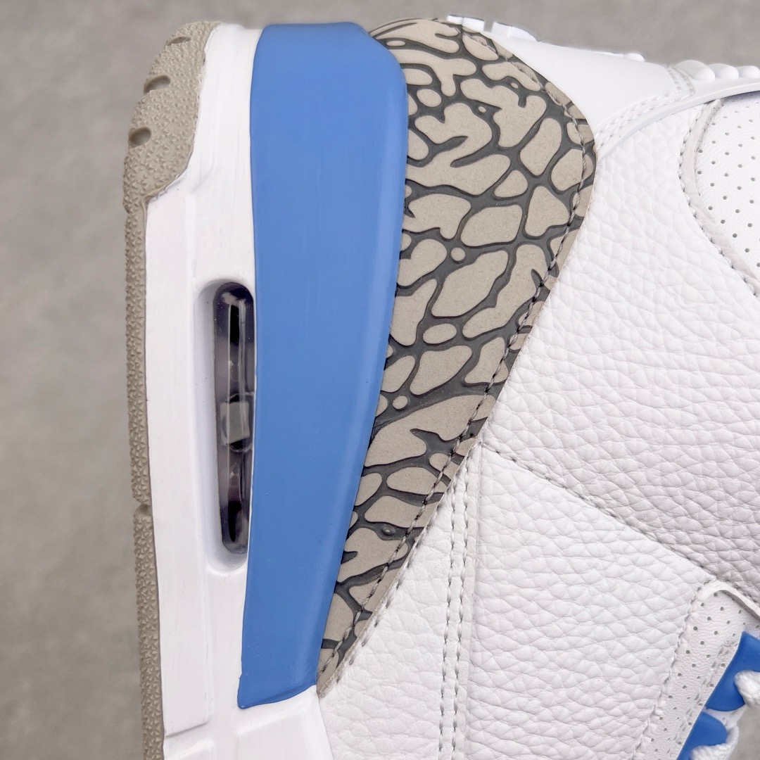 图片[16]-＃KZ神版 Air Jordan AJ3 Retro 北卡蓝 CT8532-104 独家外贸特供尺码含45.5 48.5 国内外口碑最好最推荐的产品 市场中端王者 亲自操刀耗时半年巨作 全套原纸板楦头开发 原厂大底磨具加持立体防滑纹理 原装可视Air Sole气垫 原汁原味最完美的三代版型 唯一正确鞋头趴度弧度高度鞋身腰线 此版本只针对中端市场 皮料材质有所更替 其他数据细节工艺流程均保持一致 绝不口嗨 细节品控鞋型随意秒杀市面3XX 4XX 原厂TPU后跟饰片 正确内里反口里网布 皮料菱角分明不变形无多余毛边 正确手工大底描漆拉丝 市场唯一原厂鞋扣模具 原厂织唛标 原厂飞人电绣工艺 尾指中部跳三针 独家绑鞋带手法 印刷中底布 四线拉帮 米色美纹纸贴合固定 进口港宝加持 后跟自然饱满 全鞋荧光划线卡点 追求极致完美 每一双都是工艺品 多重QC质检 超越公司货的品控标准 实实在在的免检产品 尺码：40 40.5 41 42 42.5 43 44 44.5 45 45.5 46 47.5 48.5-选品中心