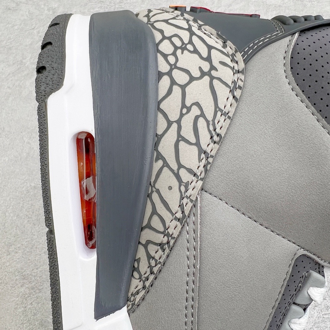 图片[13]-＃KZ神版 Air Jordan AJ3 Retro 酷灰 CT8532-012 独家外贸特供尺码含45.5 48.5 国内外口碑最好最推荐的产品 市场中端王者 亲自操刀耗时半年巨作 全套原纸板楦头开发 原厂大底磨具加持立体防滑纹理 原装可视Air Sole气垫 原汁原味最完美的三代版型 唯一正确鞋头趴度弧度高度鞋身腰线 此版本只针对中端市场 皮料材质有所更替 其他数据细节工艺流程均保持一致 绝不口嗨 细节品控鞋型随意秒杀市面3XX 4XX 原厂TPU后跟饰片 正确内里反口里网布 皮料菱角分明不变形无多余毛边 正确手工大底描漆拉丝 市场唯一原厂鞋扣模具 原厂织唛标 原厂飞人电绣工艺 尾指中部跳三针 独家绑鞋带手法 印刷中底布 四线拉帮 米色美纹纸贴合固定 进口港宝加持 后跟自然饱满 全鞋荧光划线卡点 追求极致完美 每一双都是工艺品 多重QC质检 超越公司货的品控标准 实实在在的免检产品 尺码：40 40.5 41 42 42.5 43 44 44.5 45 45.5 46 47.5 48.5-选品中心