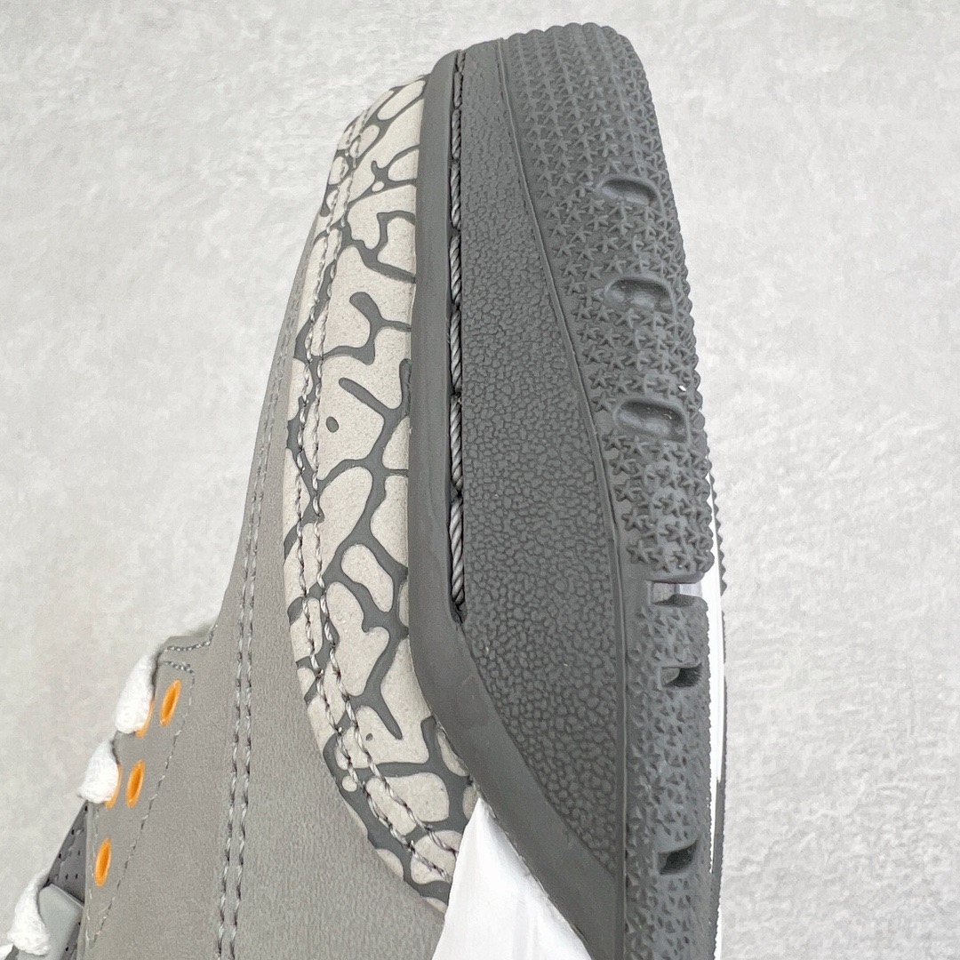 图片[15]-＃KZ神版 Air Jordan AJ3 Retro 酷灰 CT8532-012 独家外贸特供尺码含45.5 48.5 国内外口碑最好最推荐的产品 市场中端王者 亲自操刀耗时半年巨作 全套原纸板楦头开发 原厂大底磨具加持立体防滑纹理 原装可视Air Sole气垫 原汁原味最完美的三代版型 唯一正确鞋头趴度弧度高度鞋身腰线 此版本只针对中端市场 皮料材质有所更替 其他数据细节工艺流程均保持一致 绝不口嗨 细节品控鞋型随意秒杀市面3XX 4XX 原厂TPU后跟饰片 正确内里反口里网布 皮料菱角分明不变形无多余毛边 正确手工大底描漆拉丝 市场唯一原厂鞋扣模具 原厂织唛标 原厂飞人电绣工艺 尾指中部跳三针 独家绑鞋带手法 印刷中底布 四线拉帮 米色美纹纸贴合固定 进口港宝加持 后跟自然饱满 全鞋荧光划线卡点 追求极致完美 每一双都是工艺品 多重QC质检 超越公司货的品控标准 实实在在的免检产品 尺码：40 40.5 41 42 42.5 43 44 44.5 45 45.5 46 47.5 48.5-选品中心