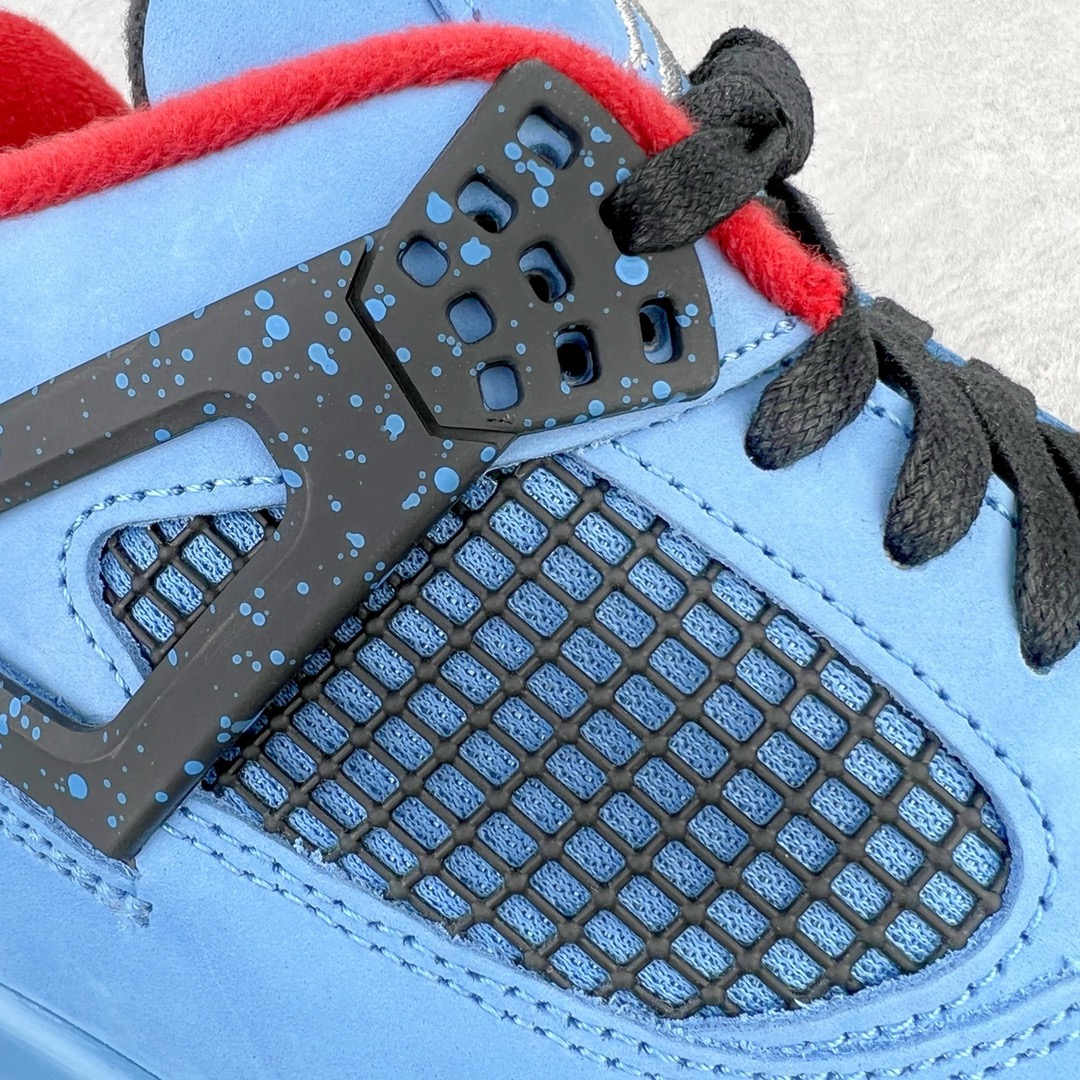 图片[13]-＃GX Travis Scott x Air Jordan AJ4 TS联名冰蓝 308497-406 圈内最强四代 独家外贸特供尺码含 45.5 49.5 50.5 耗时半年巨作 全套原纸板楦头开发 原厂特供皮料加持 确保原汁原味 完美呈现四代版型 一比一鞋头弧度高度鞋身弧度 数据细节工艺流程均保持原鞋一致 原厂TPU网格鞋带扣 正确内里网布 菱角分明不变形无多余毛边 柔软性质感一致于原鞋 市场唯一原厂鞋扣模具 背面可见隐藏注塑口 原厂织唛标 原厂飞人电绣工艺 尾指中部跳三针 独家绑鞋带手法 印刷中底布 四线拉帮 米色美纹纸贴合固定 进口港宝加持 后跟自然饱满 全鞋荧光划线卡点 追求极致完美 每一双都是工艺品 多重QC质检 超越公司货的品控标准 实实在在的免检产品 尺码：40 40.5 41 42 42.5 43 44 44.5 45 45.5 46 47.5 48.5 49.5 50.5-选品中心