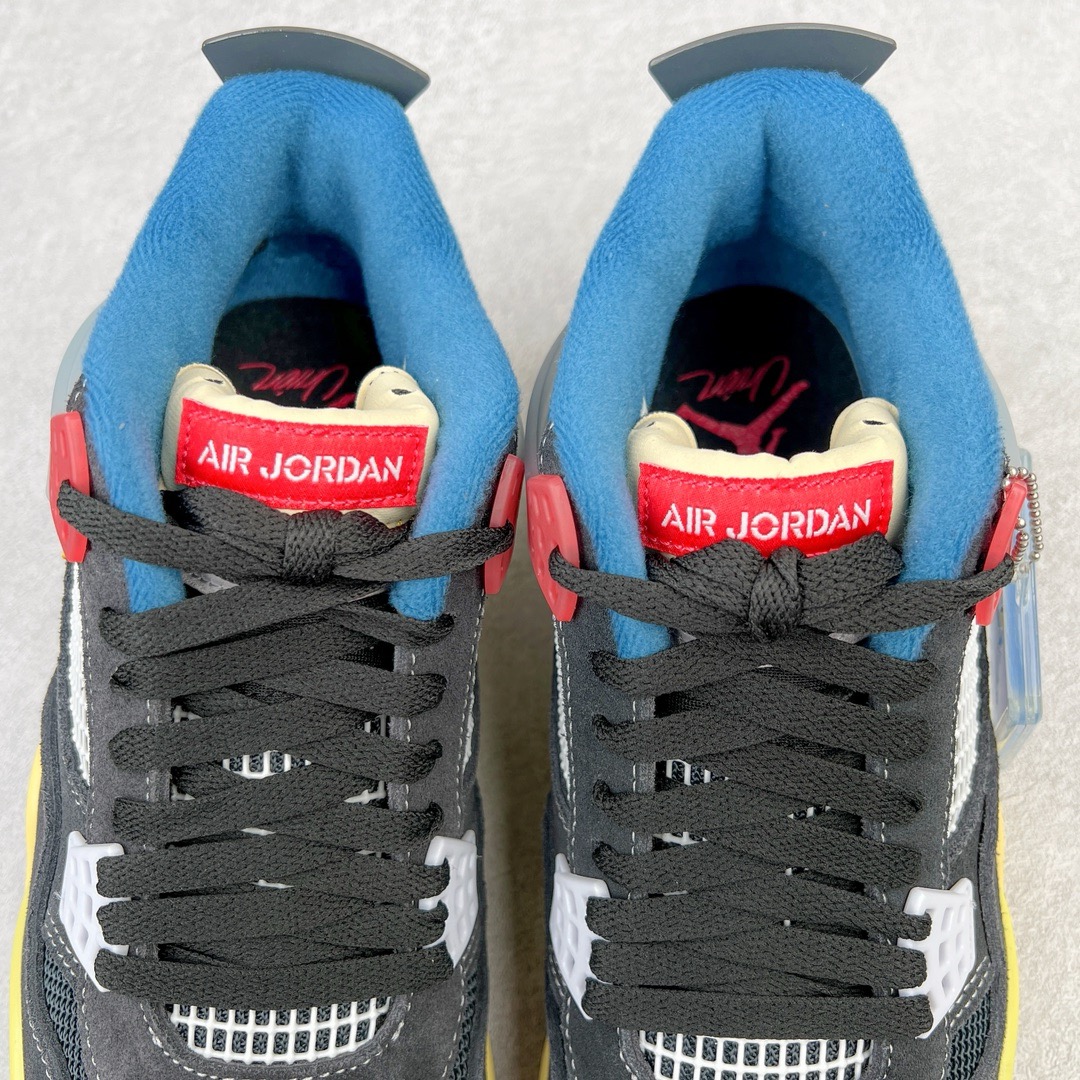 图片[12]-＃GX Union LA x Air Jordan AJ4 Retro \\\”Off Noir\\\” UN联名黑蓝 DC9533-001 圈内最强四代 独家外贸特供尺码含 45.5 49.5 50.5 耗时半年巨作 全套原纸板楦头开发 原厂特供皮料加持 确保原汁原味 完美呈现四代版型 一比一鞋头弧度高度鞋身弧度 数据细节工艺流程均保持原鞋一致 原厂TPU网格鞋带扣 正确内里网布 菱角分明不变形无多余毛边 柔软性质感一致于原鞋 市场唯一原厂鞋扣模具 背面可见隐藏注塑口 原厂织唛标 原厂飞人电绣工艺 尾指中部跳三针 独家绑鞋带手法 印刷中底布 四线拉帮 米色美纹纸贴合固定 进口港宝加持 后跟自然饱满 全鞋荧光划线卡点 追求极致完美 每一双都是工艺品 多重QC质检 超越公司货的品控标准 实实在在的免检产品 尺码：40 40.5 41 42 42.5 43 44 44.5 45 45.5 46 47.5 48.5 49.5 50.5-选品中心