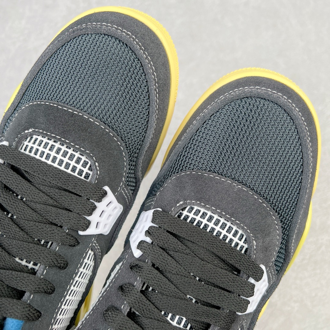 图片[11]-＃GX Union LA x Air Jordan AJ4 Retro \\\”Off Noir\\\” UN联名黑蓝 DC9533-001 圈内最强四代 独家外贸特供尺码含 45.5 49.5 50.5 耗时半年巨作 全套原纸板楦头开发 原厂特供皮料加持 确保原汁原味 完美呈现四代版型 一比一鞋头弧度高度鞋身弧度 数据细节工艺流程均保持原鞋一致 原厂TPU网格鞋带扣 正确内里网布 菱角分明不变形无多余毛边 柔软性质感一致于原鞋 市场唯一原厂鞋扣模具 背面可见隐藏注塑口 原厂织唛标 原厂飞人电绣工艺 尾指中部跳三针 独家绑鞋带手法 印刷中底布 四线拉帮 米色美纹纸贴合固定 进口港宝加持 后跟自然饱满 全鞋荧光划线卡点 追求极致完美 每一双都是工艺品 多重QC质检 超越公司货的品控标准 实实在在的免检产品 尺码：40 40.5 41 42 42.5 43 44 44.5 45 45.5 46 47.5 48.5 49.5 50.5-选品中心