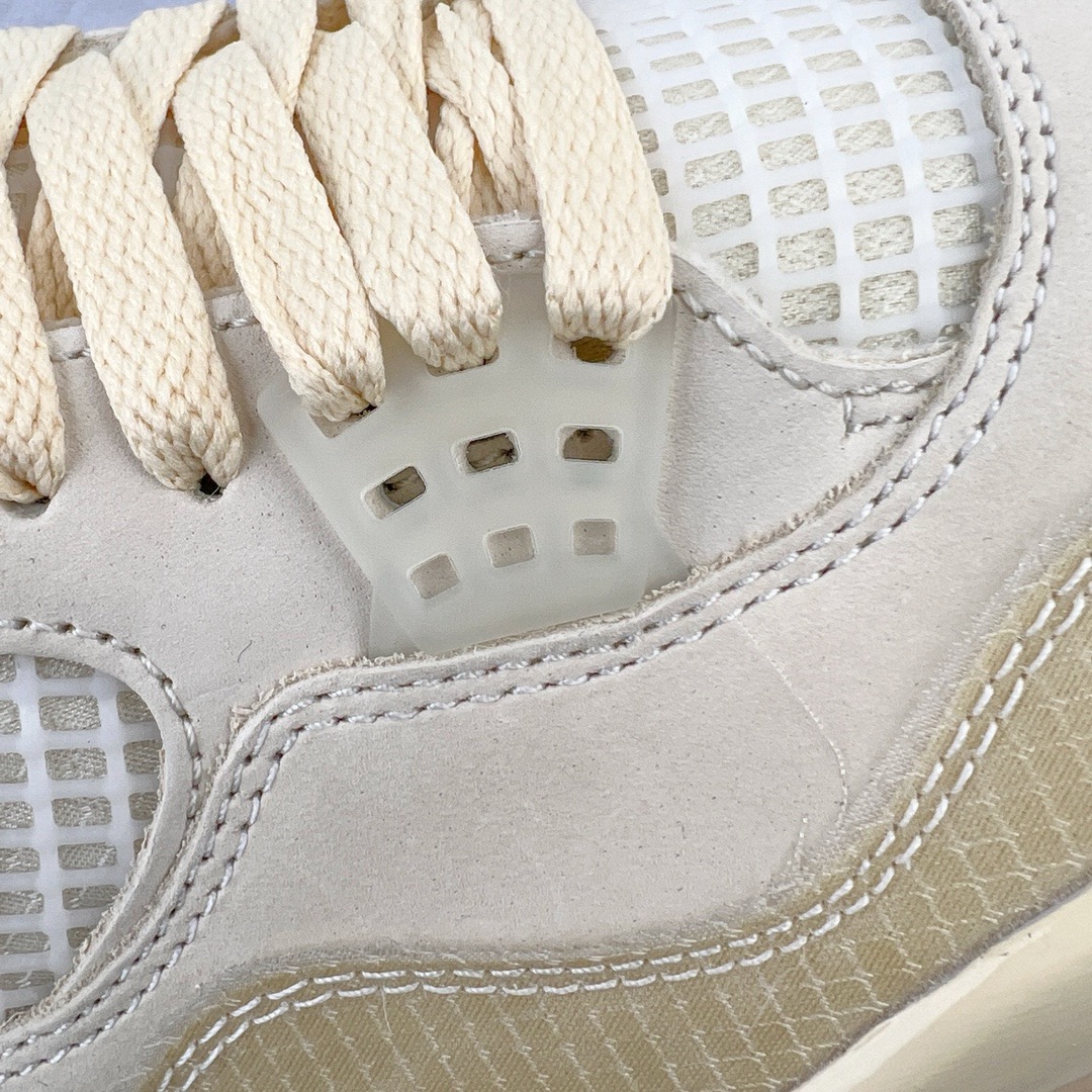 图片[10]-＃GX Off-White™ x Air Jordan AJ4 Retro\\\”Cream/Sail\\\” OW联名白帆 CV9388-100 圈内最强四代 独家外贸特供尺码含 45.5 49.5 50.5 耗时半年巨作 全套原纸板楦头开发 原厂特供皮料加持 确保原汁原味 完美呈现四代版型 一比一鞋头弧度高度鞋身弧度 数据细节工艺流程均保持原鞋一致 原厂TPU网格鞋带扣 正确内里网布 菱角分明不变形无多余毛边 柔软性质感一致于原鞋 市场唯一原厂鞋扣模具 背面可见隐藏注塑口 原厂织唛标 原厂飞人电绣工艺 尾指中部跳三针 独家绑鞋带手法 印刷中底布 四线拉帮 米色美纹纸贴合固定 进口港宝加持 后跟自然饱满 全鞋荧光划线卡点 追求极致完美 每一双都是工艺品 多重QC质检 超越公司货的品控标准 实实在在的免检产品 尺码：40 40.5 41 42 42.5 43 44 44.5 45 45.5 46 47.5 48.5 49.5 50.5-选品中心