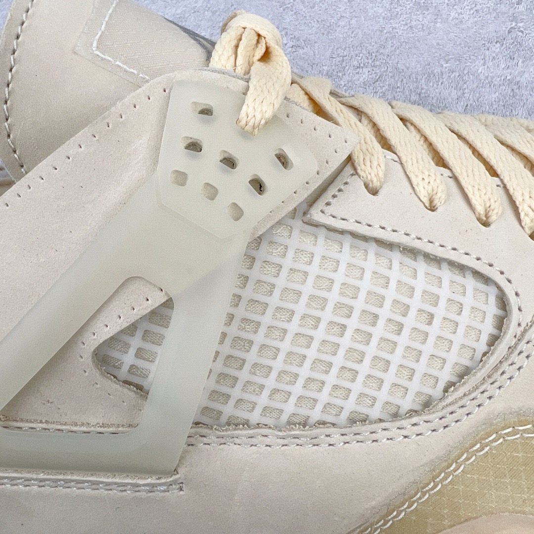 图片[12]-＃GX Off-White™ x Air Jordan AJ4 Retro\\\”Cream/Sail\\\” OW联名白帆 CV9388-100 圈内最强四代 独家外贸特供尺码含 45.5 49.5 50.5 耗时半年巨作 全套原纸板楦头开发 原厂特供皮料加持 确保原汁原味 完美呈现四代版型 一比一鞋头弧度高度鞋身弧度 数据细节工艺流程均保持原鞋一致 原厂TPU网格鞋带扣 正确内里网布 菱角分明不变形无多余毛边 柔软性质感一致于原鞋 市场唯一原厂鞋扣模具 背面可见隐藏注塑口 原厂织唛标 原厂飞人电绣工艺 尾指中部跳三针 独家绑鞋带手法 印刷中底布 四线拉帮 米色美纹纸贴合固定 进口港宝加持 后跟自然饱满 全鞋荧光划线卡点 追求极致完美 每一双都是工艺品 多重QC质检 超越公司货的品控标准 实实在在的免检产品 尺码：40 40.5 41 42 42.5 43 44 44.5 45 45.5 46 47.5 48.5 49.5 50.5-选品中心