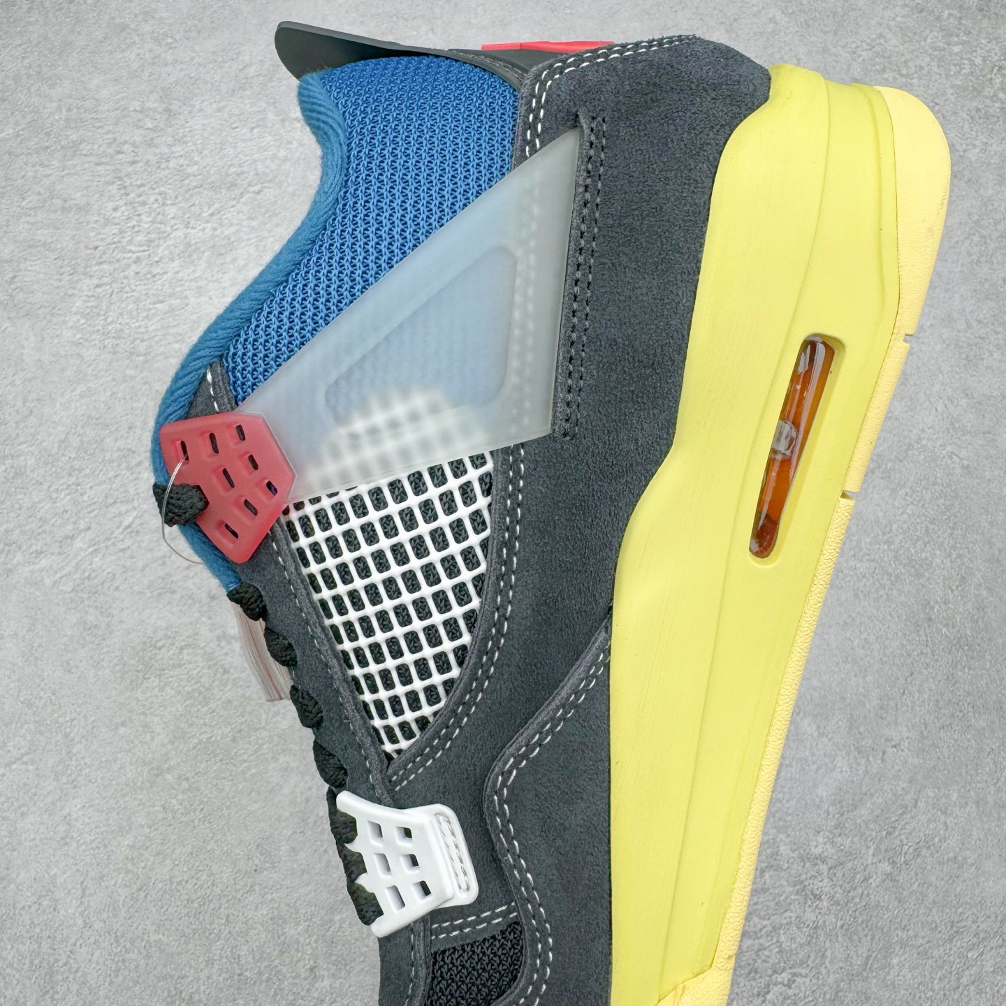 图片[7]-＃PK纯原 Union LA x Air Jordan AJ4 Retro \\\”Off Noir\\\” UN联名黑蓝 DC9533-001 耗时半年巨作 全套原纸板楦头开发 原厂特供皮料加持 确保原汁原味 完美呈现四代版型 一比一鞋头弧度高度鞋身弧度 数据细节工艺流程均保持原鞋一致 原厂TPU网格鞋带扣 正确内里网布 菱角分明不变形无多余毛边 柔软性质感一致于原鞋 原厂织唛标 原厂飞人电绣工艺 尾指中部跳三针 独家绑鞋带手法 印刷中底布 四线拉帮 米色美纹纸贴合固定 进口港宝加持 后跟自然饱满 全鞋荧光划线卡点 追求极致完美 每一双都是工艺品 多重QC质检 超越公司货的品控标准 实实在在的免检产品 尺码：40 40.5 41 42 42.5 43 44 44.5 45 46 47.5-选品中心