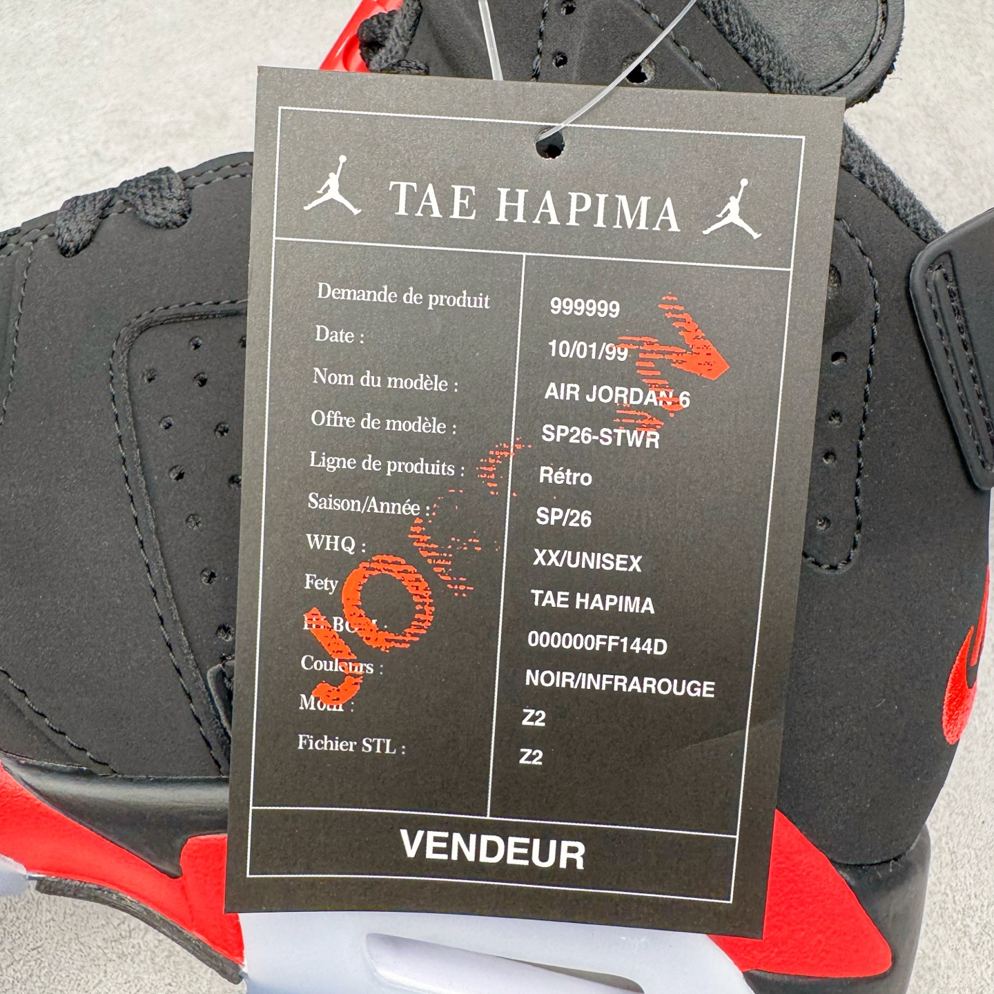 图片[14]-＃Ljr特供 Air Jordan AJ6 Retro 反转红外线 CT8529-001 全新改良批次 圈内最强倒钩系列 恪守真诚 承诺混一赔十 高端零售裸鞋圈特供批次 SZ原厂全套原楦原纸板冲刀磨具开发 原厂皮料加持 原厂港宝加持定型后跟R度完美 同源原厂电绣 飞翼针数密度立体效果一致 百分百一致原鞋 原厂拉帮工艺 针距密度一致 后跟弧度收口自然不对折 极致一眼正品既视感 进口玻璃冲刀皮料裁剪零毛边 全鞋电脑针车工艺 品控清洁度最高QC检验标准 免检产品 原厂订购鞋盒、鞋标、防尘纸、鞋撑、鞋带 追求极致的原厂味道 尺码：40.5 41 42 42.5 43 44 44.5 45 46 47.5 48.5-选品中心