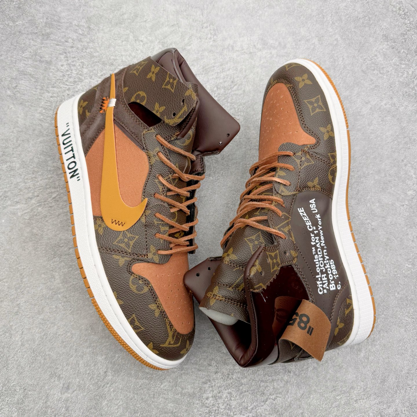 图片[3]-LV x OFF-White x Air Jordan AJ1 OW三方联名定制款 老花手提箱 细节奉上👏🏻专属LV 布满鞋身 皮革打造 超级限量 有一种鞋叫做看着就很贵 逼王来 配驴牌手提箱一个 逼格极高 收藏也不错 尺码：36 36.5 37.5 38 38.5 39 40 40.5 41 42 42.5 43 44 44.5 45 46-选品中心