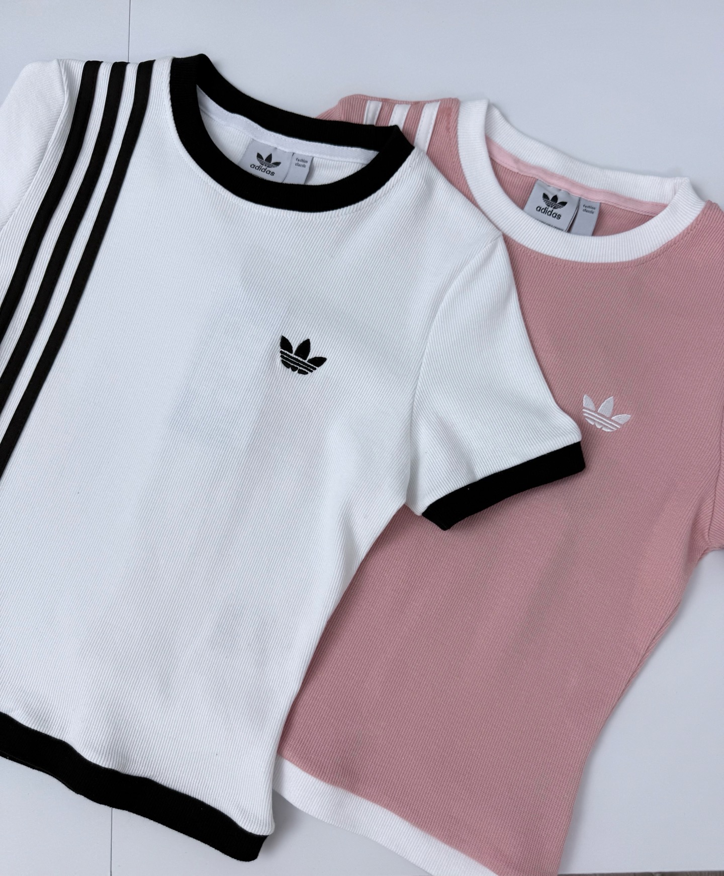Adidas Women's Ribbed Three-Stripe Short Sleeve T-Shirt Casual Retro Style