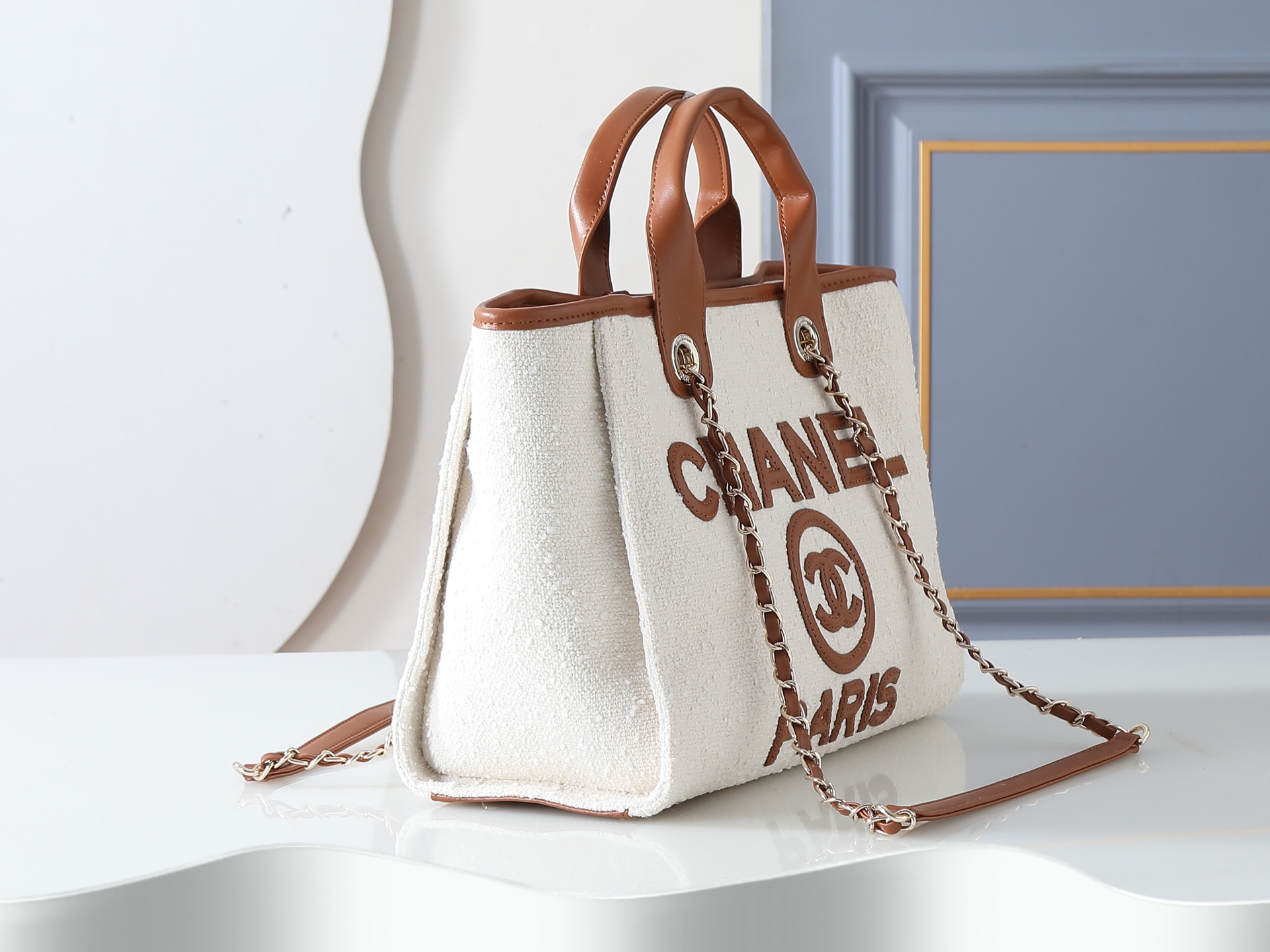 款号3257棕色 CHANEL 香奈儿26S 双C logo 皮穿链肩带、帆布拼小牛皮 托特包手提包 肩