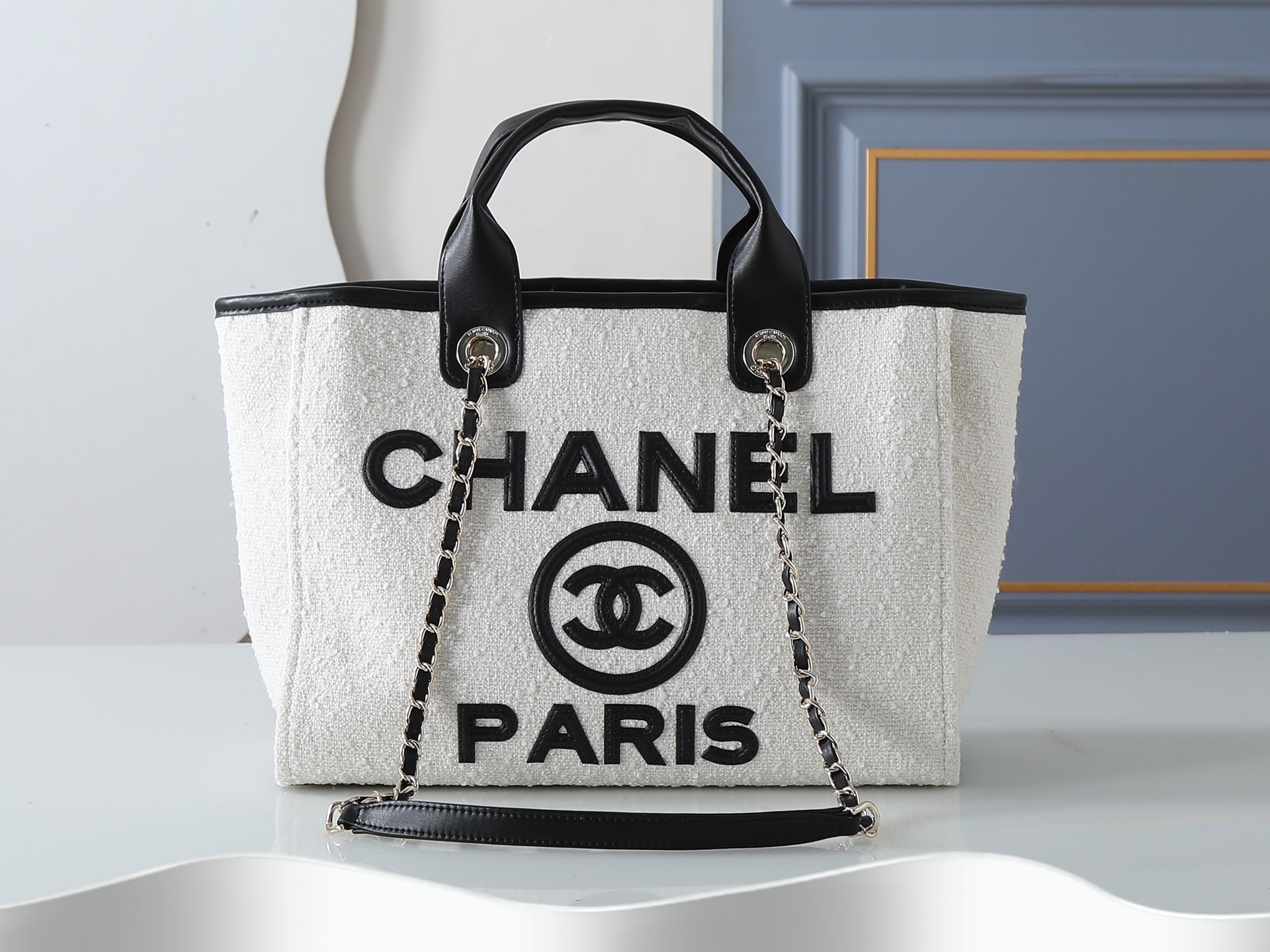 款号3257黑色 CHANEL 香奈儿26S 双C logo 皮穿链肩带、帆布拼小牛皮 托特包手提包 肩