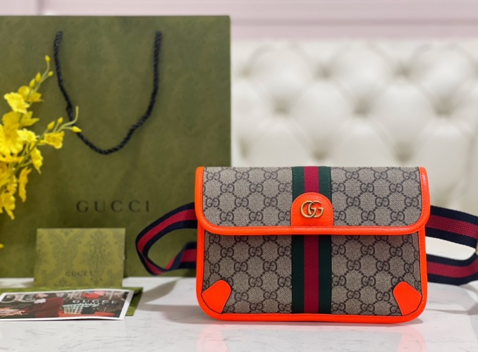 Gucci Ophidia Belt Bag in GG Supreme Canvas with Orange Leather Trim 1 Gucci Ophidia Belt Bag in GG Supreme Canvas with Orange Leather Trim