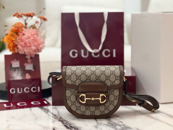 Gucci Horsebit 1955 Mini Bag in Beige and Brown Canvas, Iconic Design 1 Gucci Horsebit 1955 Mini Bag in Beige and Brown Canvas, Iconic Design