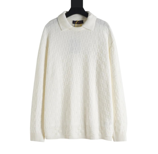 Louis Vuitton Men's White Checkered Knitted Wool and Silk Blend Sweater 1 Louis Vuitton Men's White Checkered Knitted Wool and Silk Blend Sweater