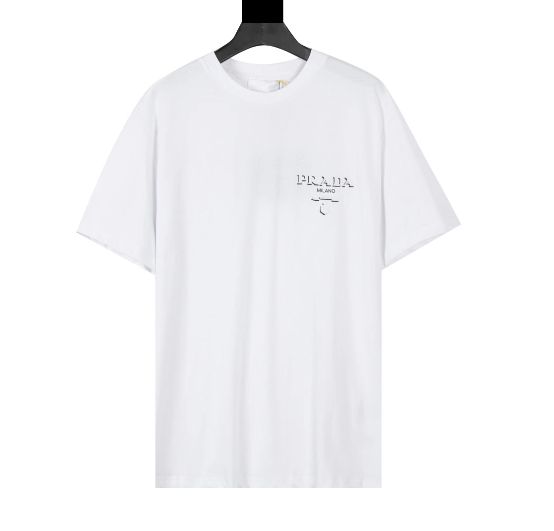 Prada Clothing T-Shirt Black White Printing Unisex Cotton Double Yarn Short Sleeve