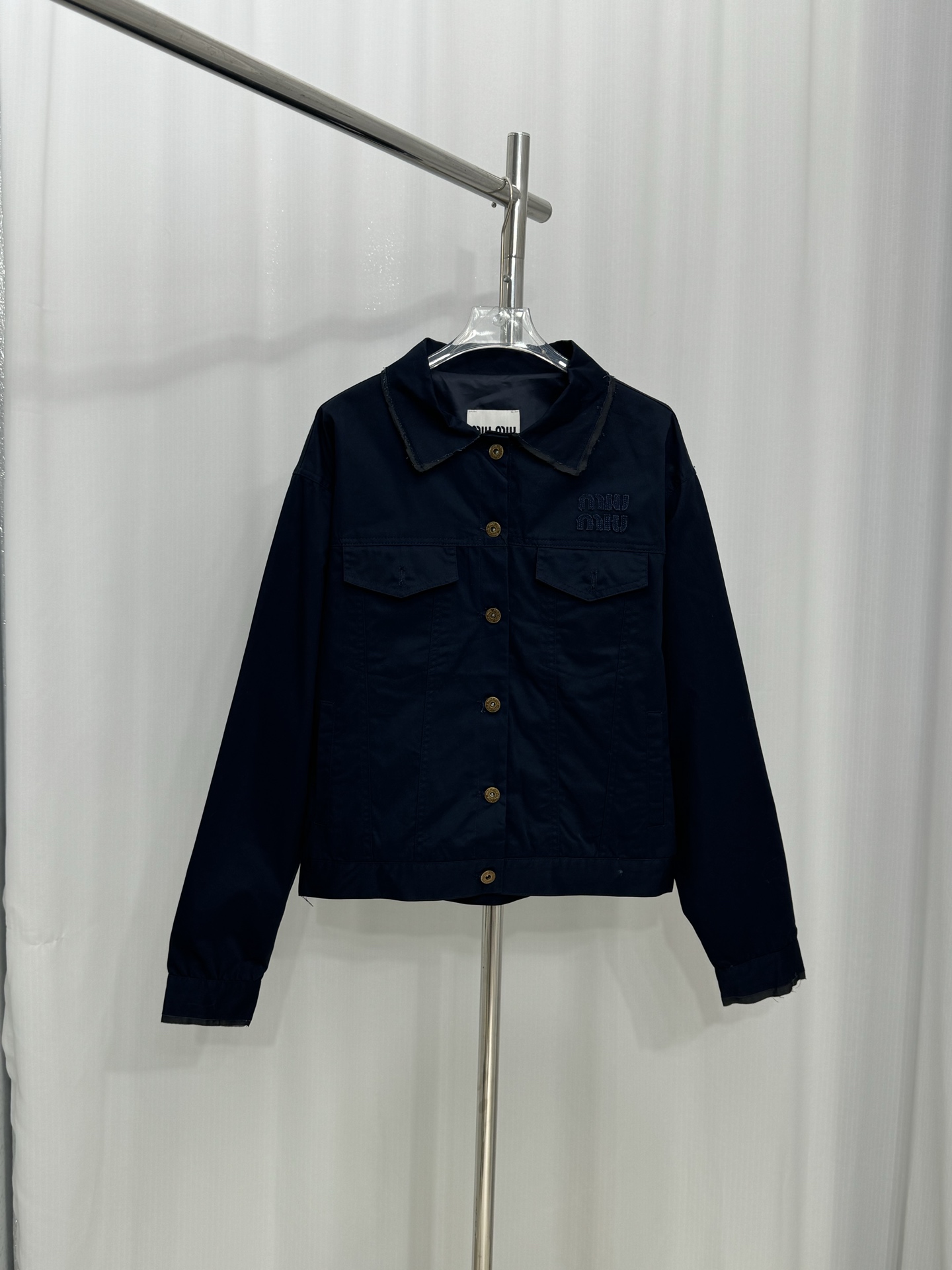 Miu Miuu Women's Twill Cotton Jacket, Retro Gold Buttons, Contrast Collar