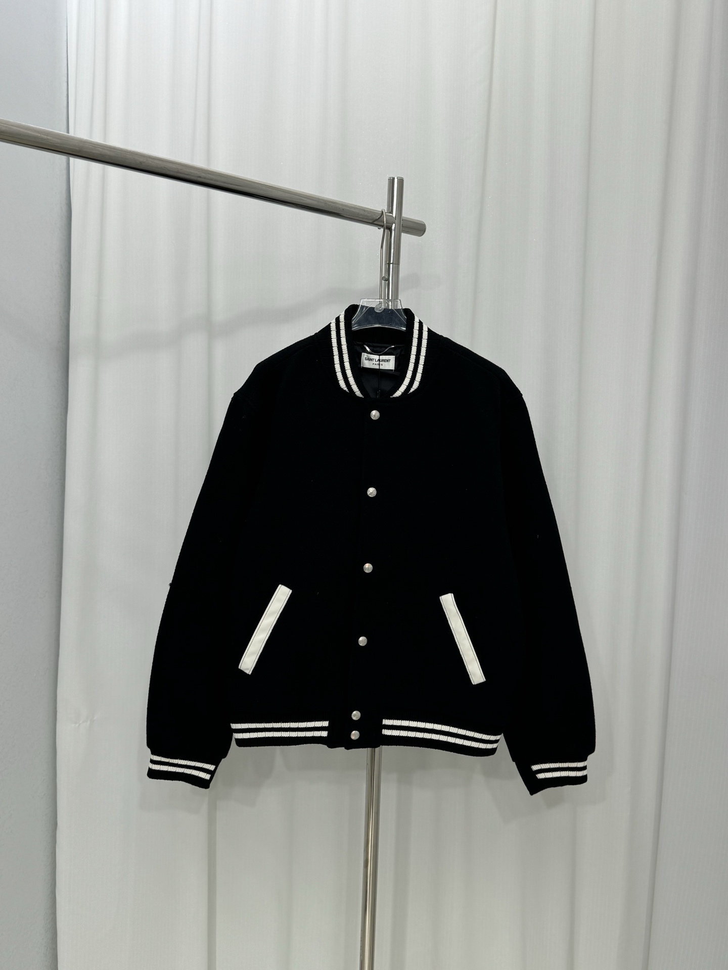 Saint Laurent Black Wool Blend Varsity Jacket with Leather Detailing