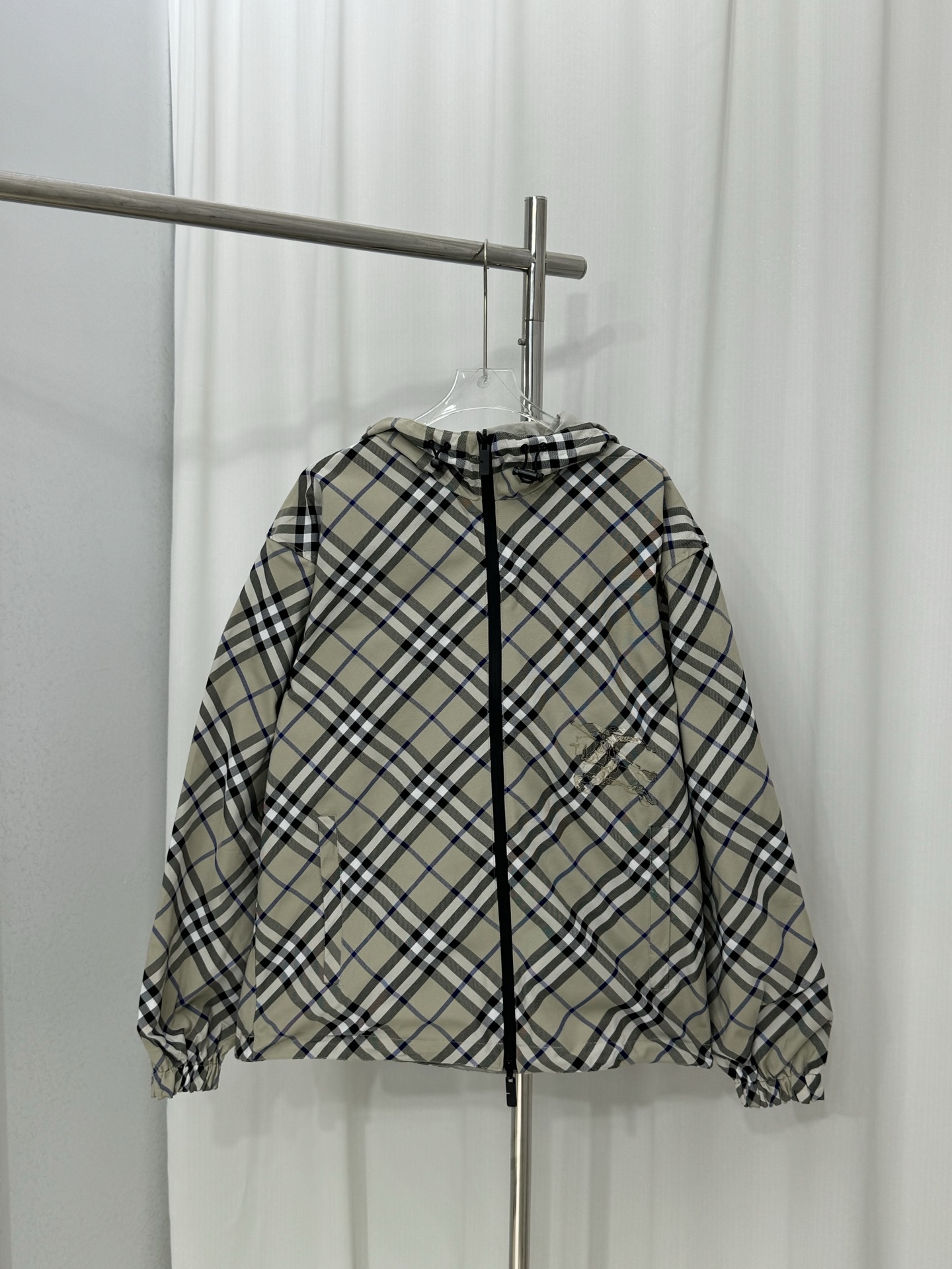 Burberry Plaid Lightweight Hooded Jacket with Embroidered Logo