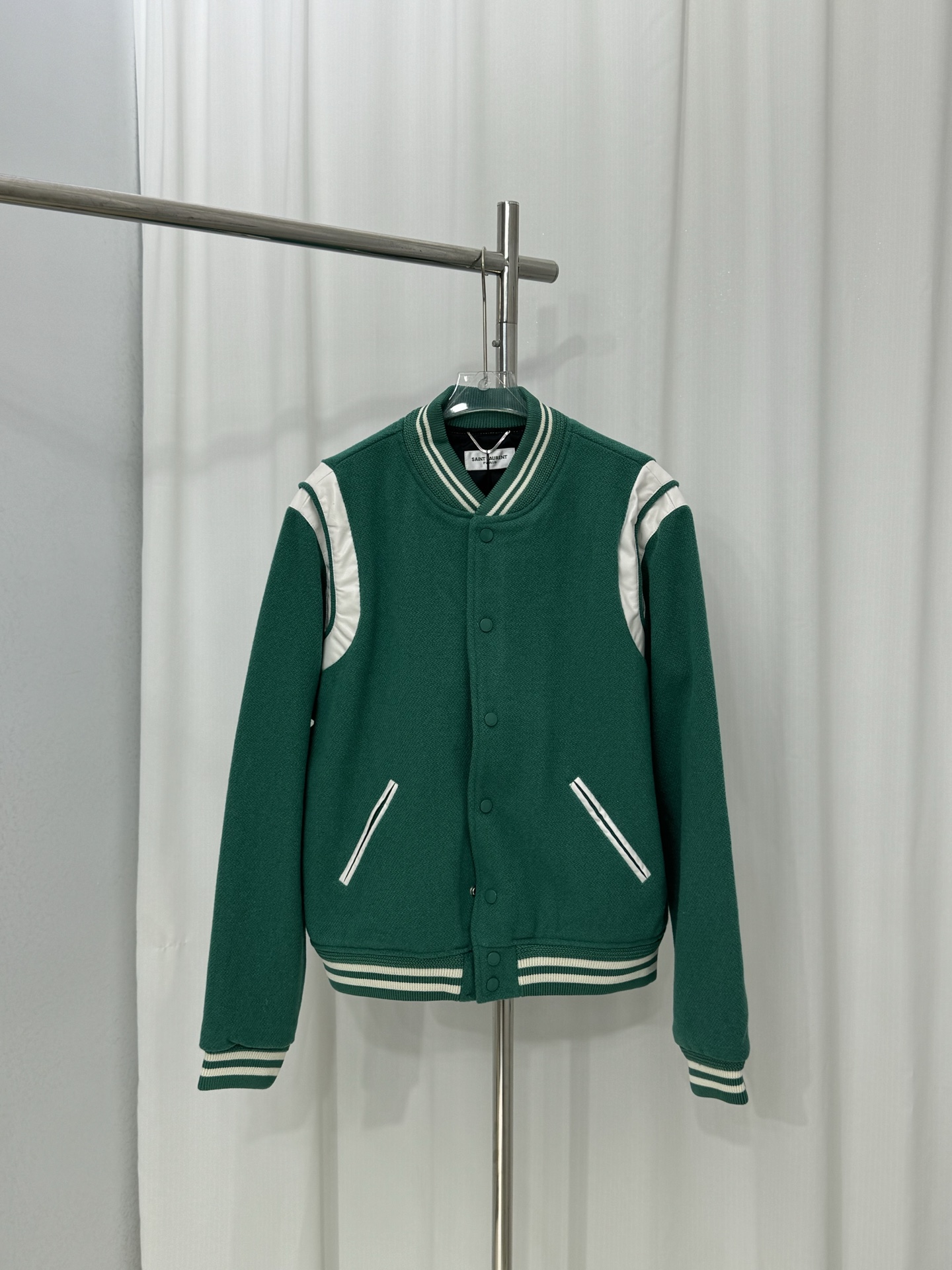 Yves Saint Laurent Classic Wool Blend Varsity Jacket - Green & White - Size 46-52