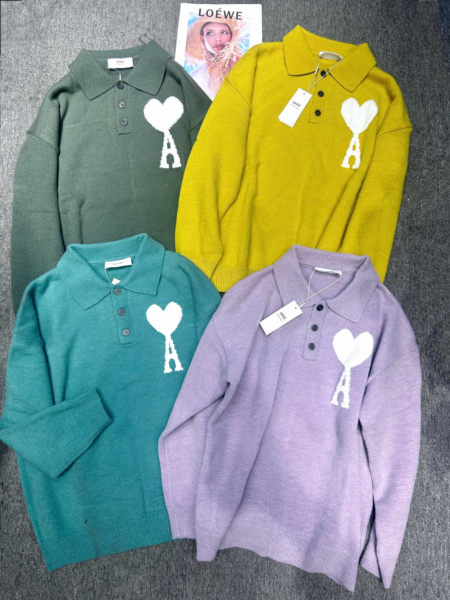 AW12# #Amiparis Suéter de punto polo de otoño/invierno, versátil y unisex. Tallas: S M L XL. Colores: amarillo, púrpura…